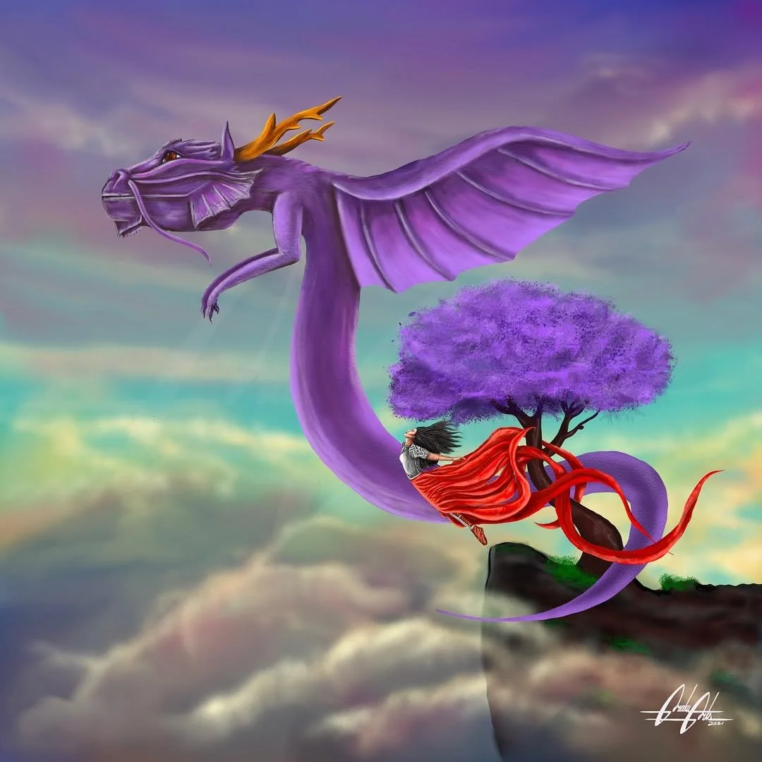 A colorful fantasy artwork featuring a large purple dragon with a rider, a purple-leafed tree, and a cloudy sky.