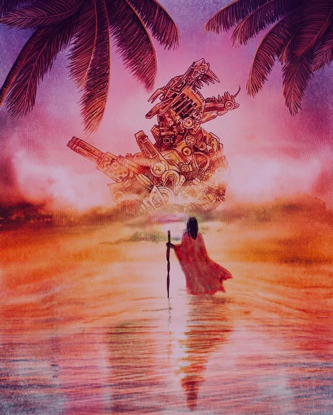 A person in a red cloak holding a staff, standing in shallow water, looking at a giant mechanical creature resembling a dinosaur or dragon, floating in a pink and purple sky with palm trees overhead.