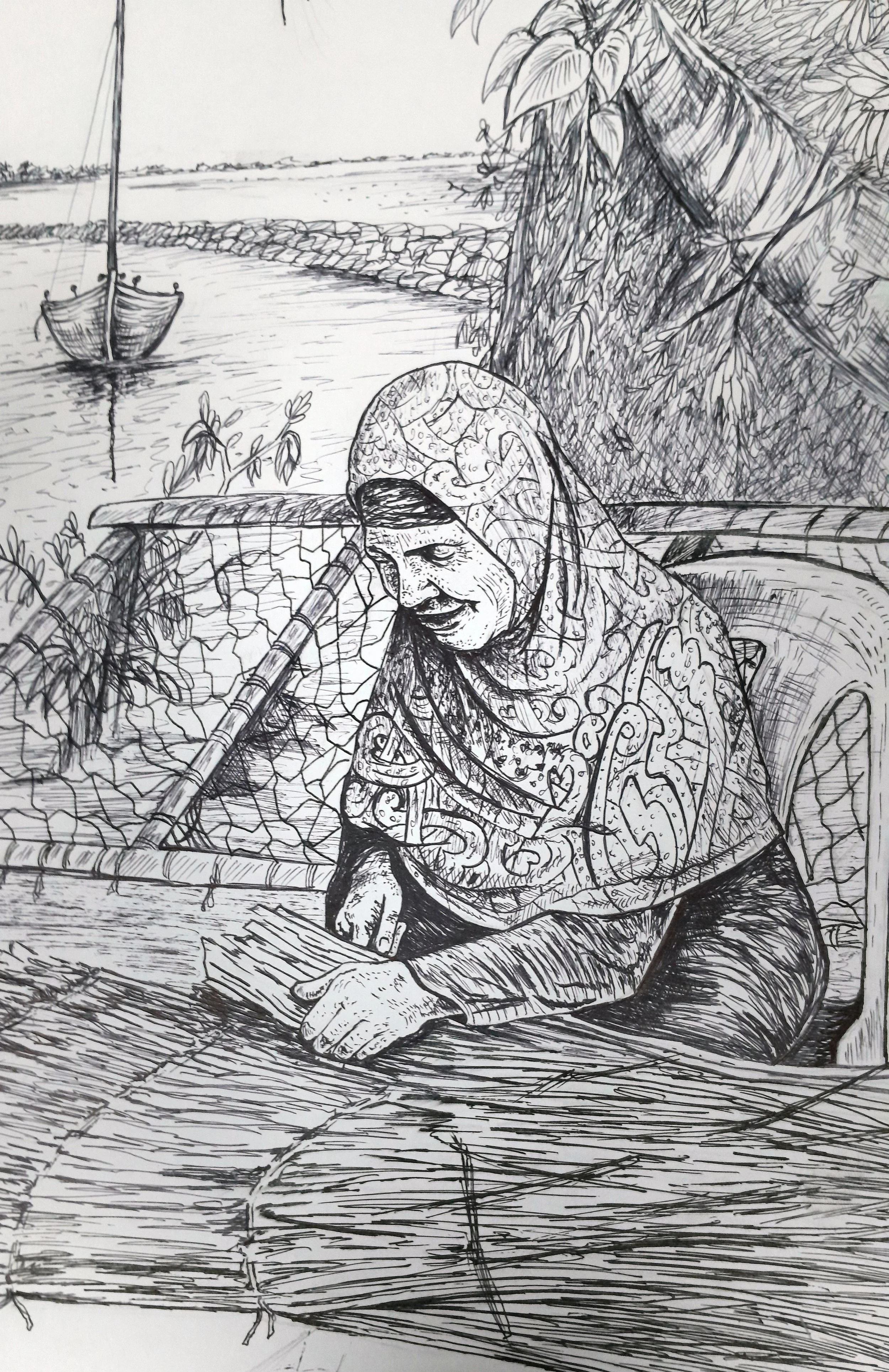 Black and white line drawing of an elderly woman wearing a hijab, sitting near a body of water, gardening with a watering can, with a boat and shoreline in the background.