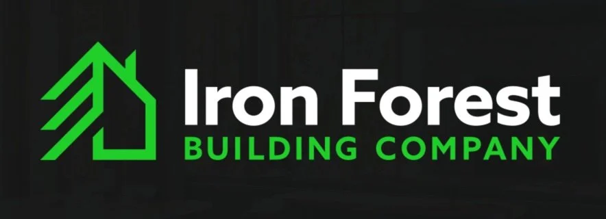 Logo of Iron Forest Building Company with a green house and pine tree design.