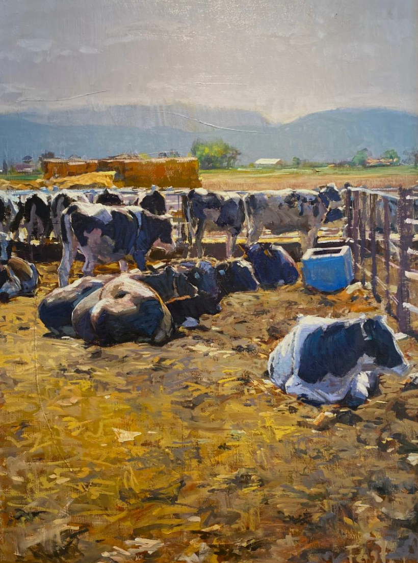 A painted scene of cows resting and standing in a farmyard with a backdrop of distant hills and farm buildings under a cloudy sky.