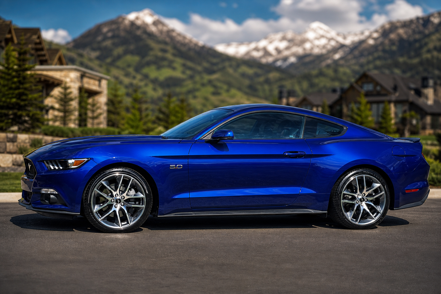Deep blue Ford Mustang GT 5.0 with glossy paint and polished wheels after Platinum exterior detail — premium mobile car detailing in Utah by Scrub Tub