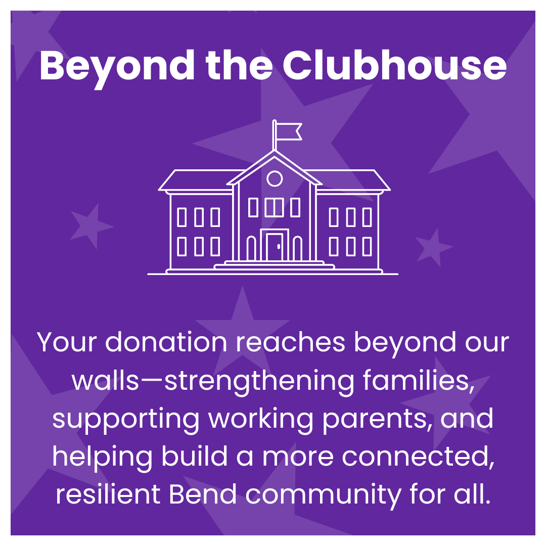 Purple promotional graphic for Beyond the Clubhouse, featuring an outline of a large house or clubhouse with steps in front, a flag on top, and surrounding stars, with text about donations strengthening families and supporting the community.