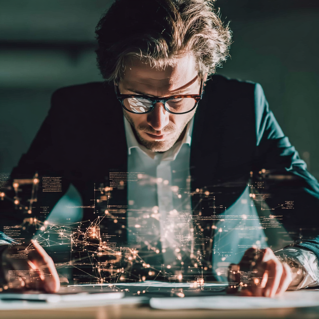 A man wearing glasses and a suit looking down at a tablet with digital network graphics overlaid.