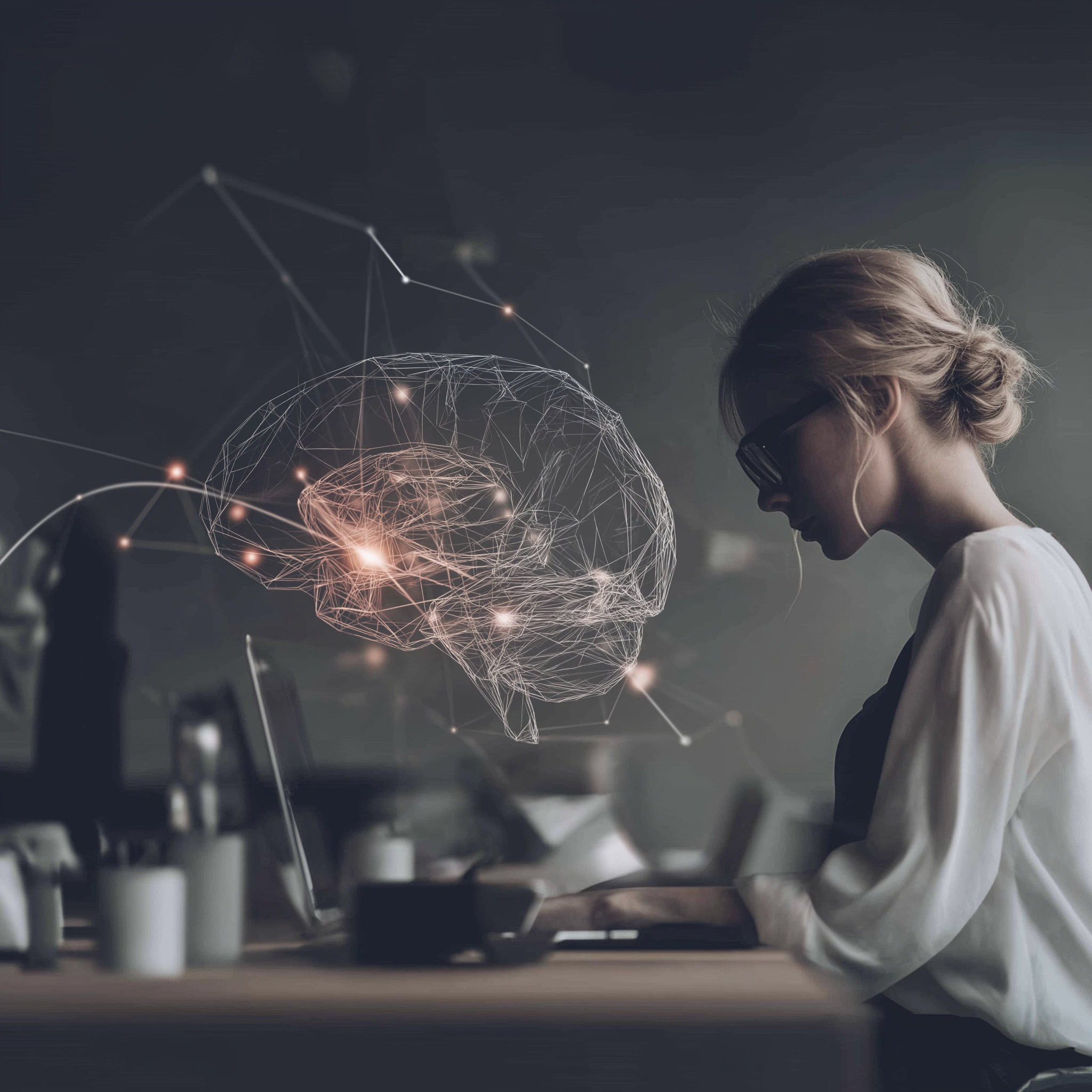 A woman wearing glasses sitting at a desk working on a laptop, with a digital illustration of a brain with connected lines and glowing points floating beside her.