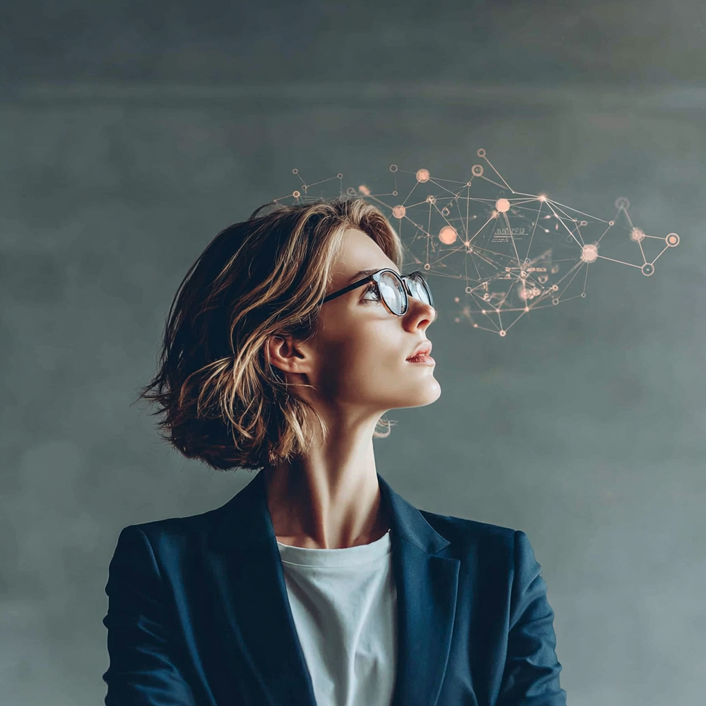 A woman with short, wavy hair and glasses, wearing a dark blazer and white shirt, looks up with a digital network graphic above her head.