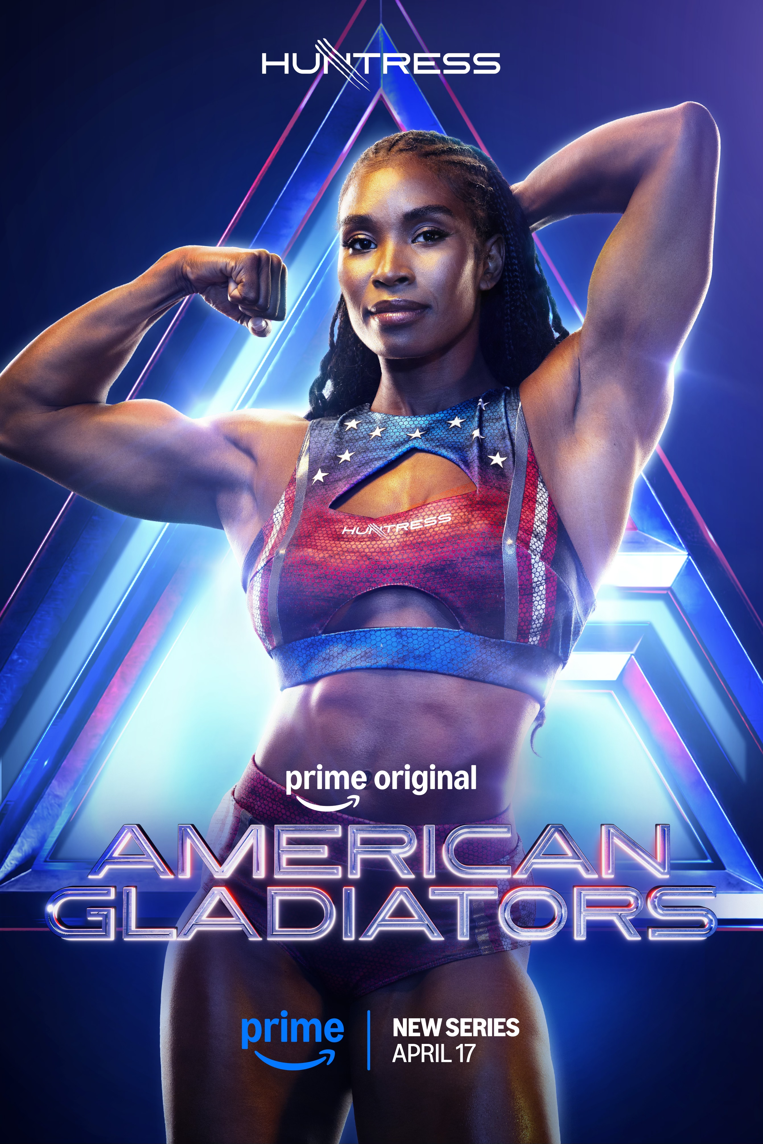 Poster for the TV series 'American Gladiators' featuring a strong woman athlete in a colorful sports outfit, flexing her arm muscles against a futuristic neon background, with the show title and premiere date.
