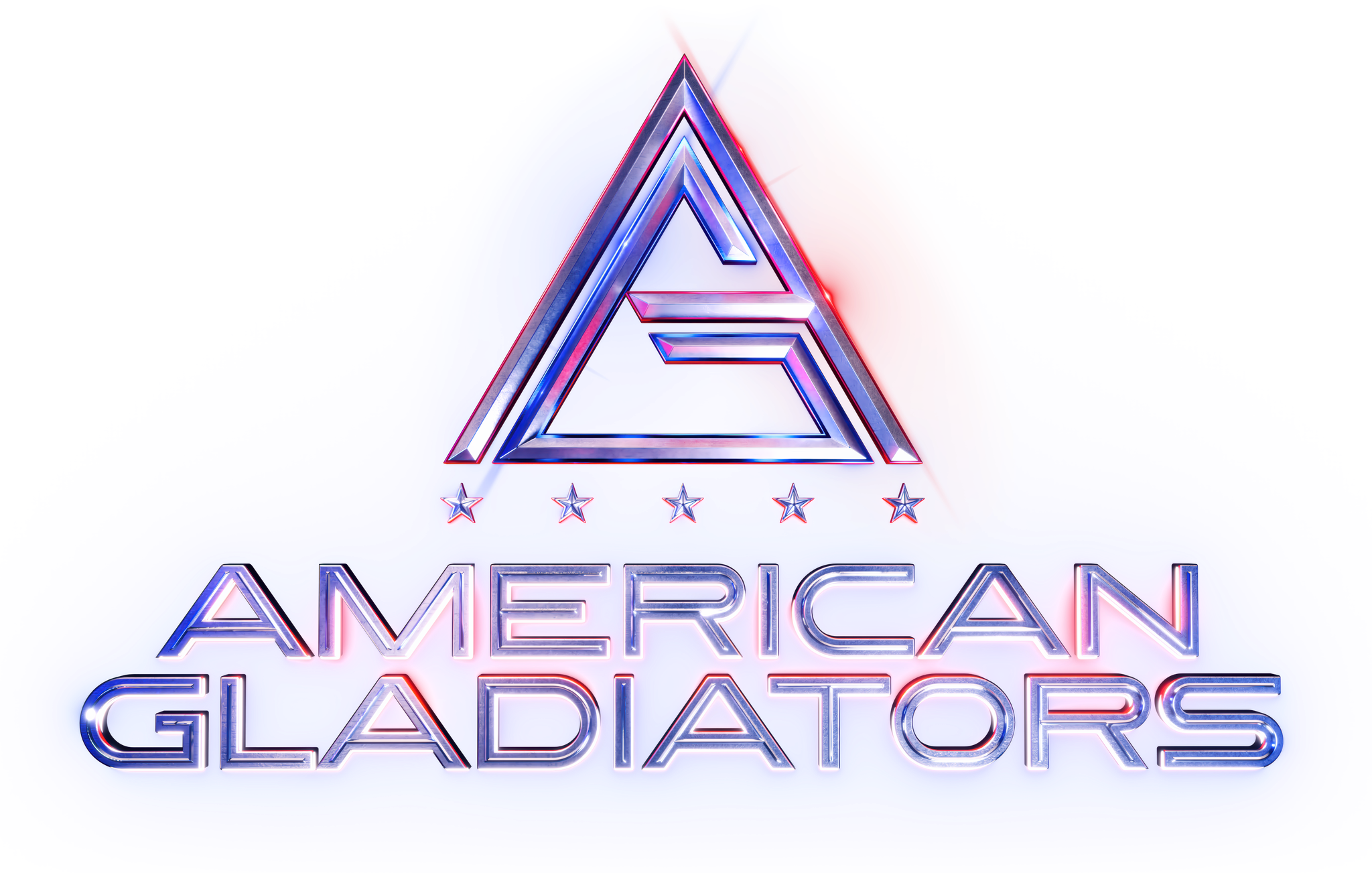 Neon sign with a stylized triangular emblem above the text ''American Gladiators'' in glowing letters, set against a blue background.