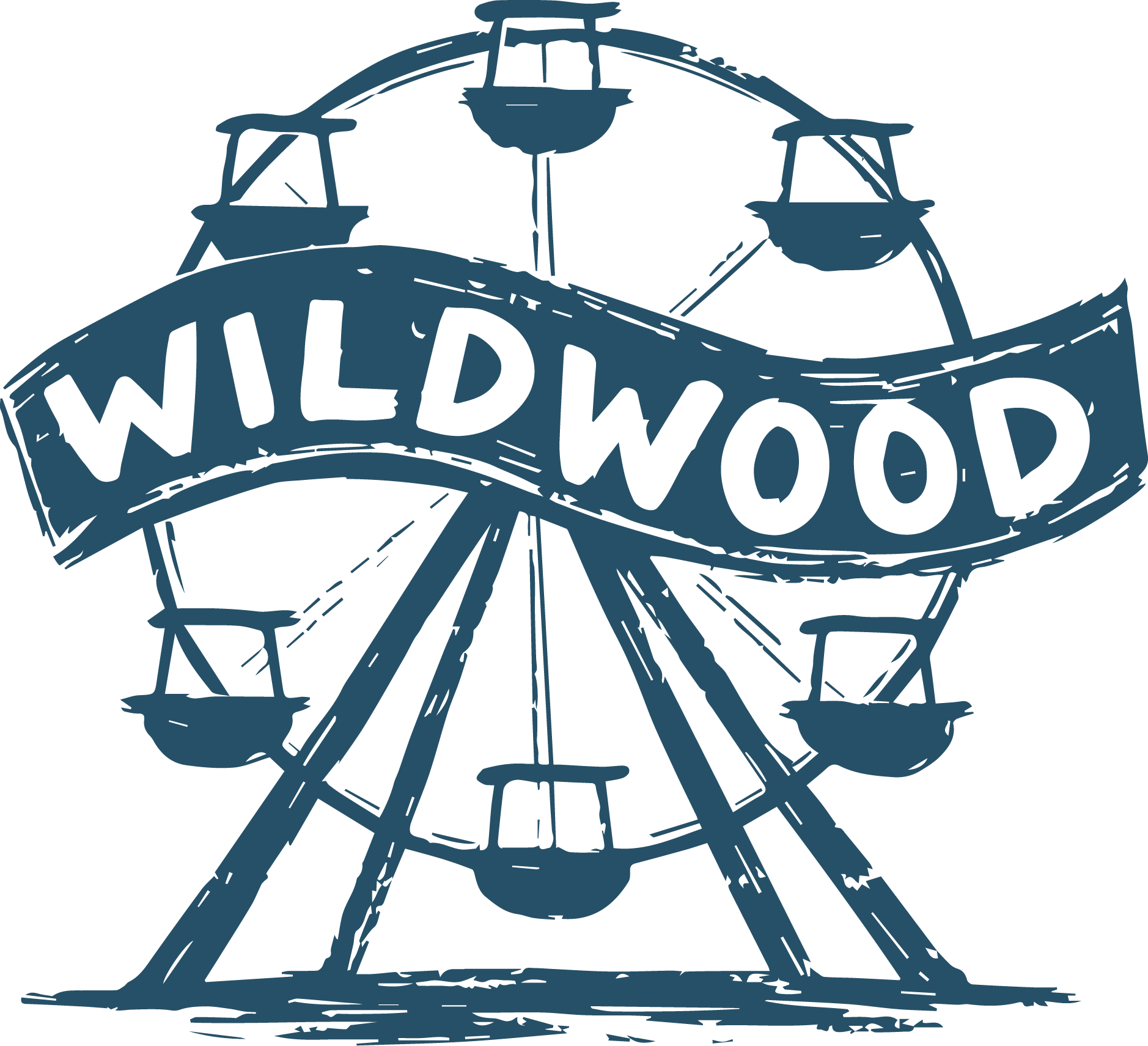 A stylized drawing of a Ferris wheel with the words "WILDWOOD" on a banner in the foreground.