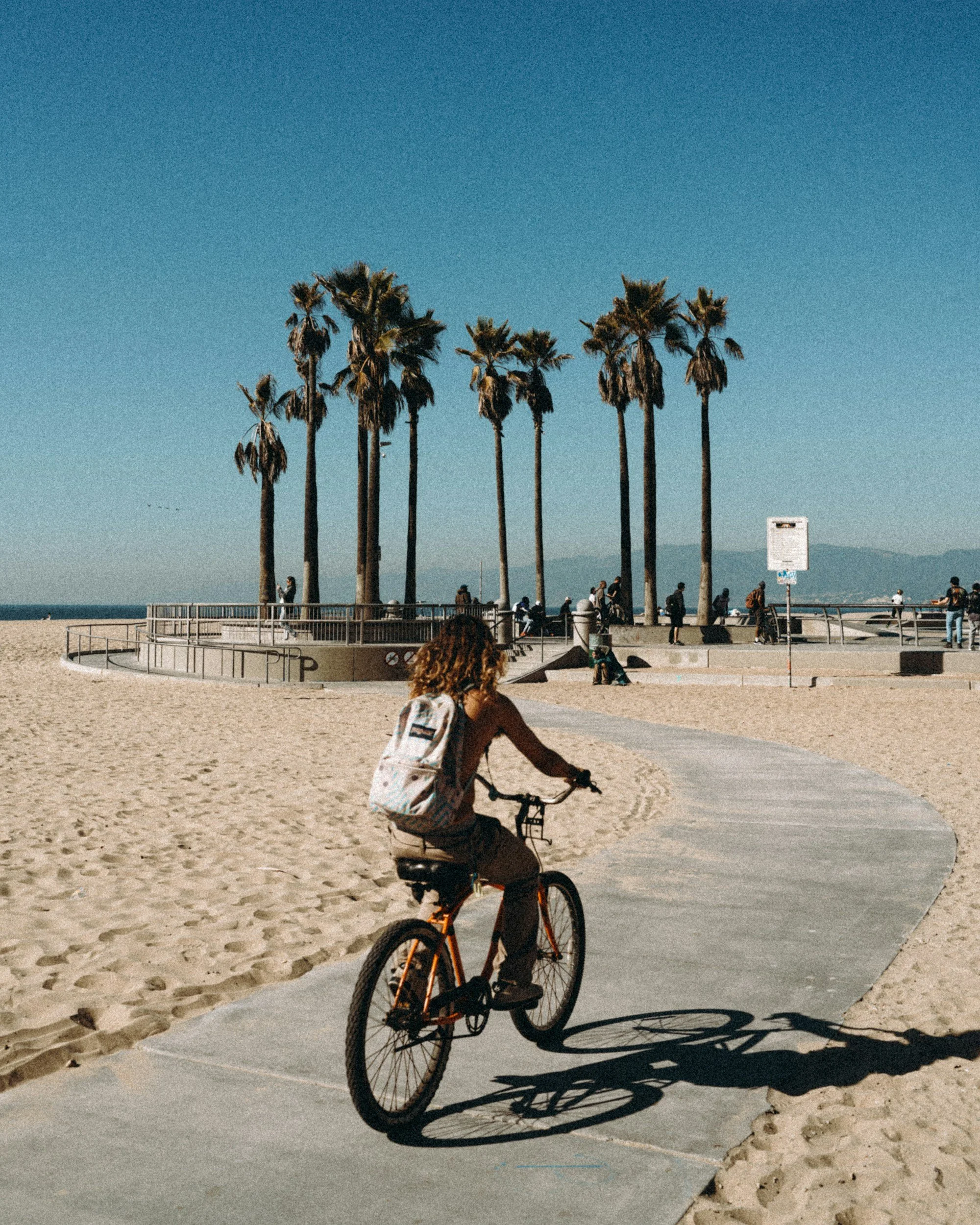 A young woman riding a bicycle along a paved path on a beach. In the background, there are tall palm trees, a sign, and a clear blue sky.