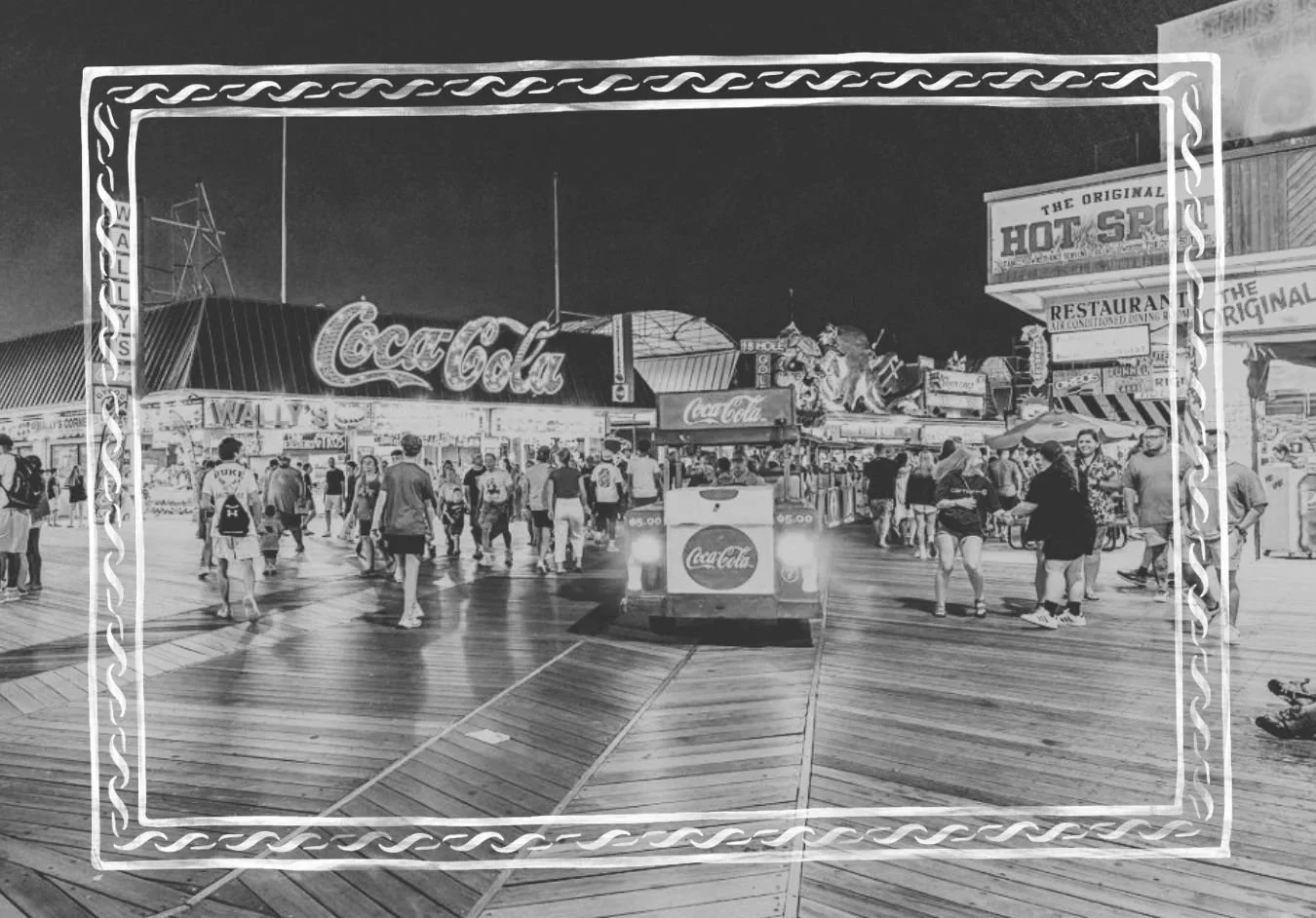 Night scene at a fairground with vintage Coca-Cola signage, a crowded boardwalk with people walking, food stalls, and amusement rides, including a hot dog stand and a game booth.
