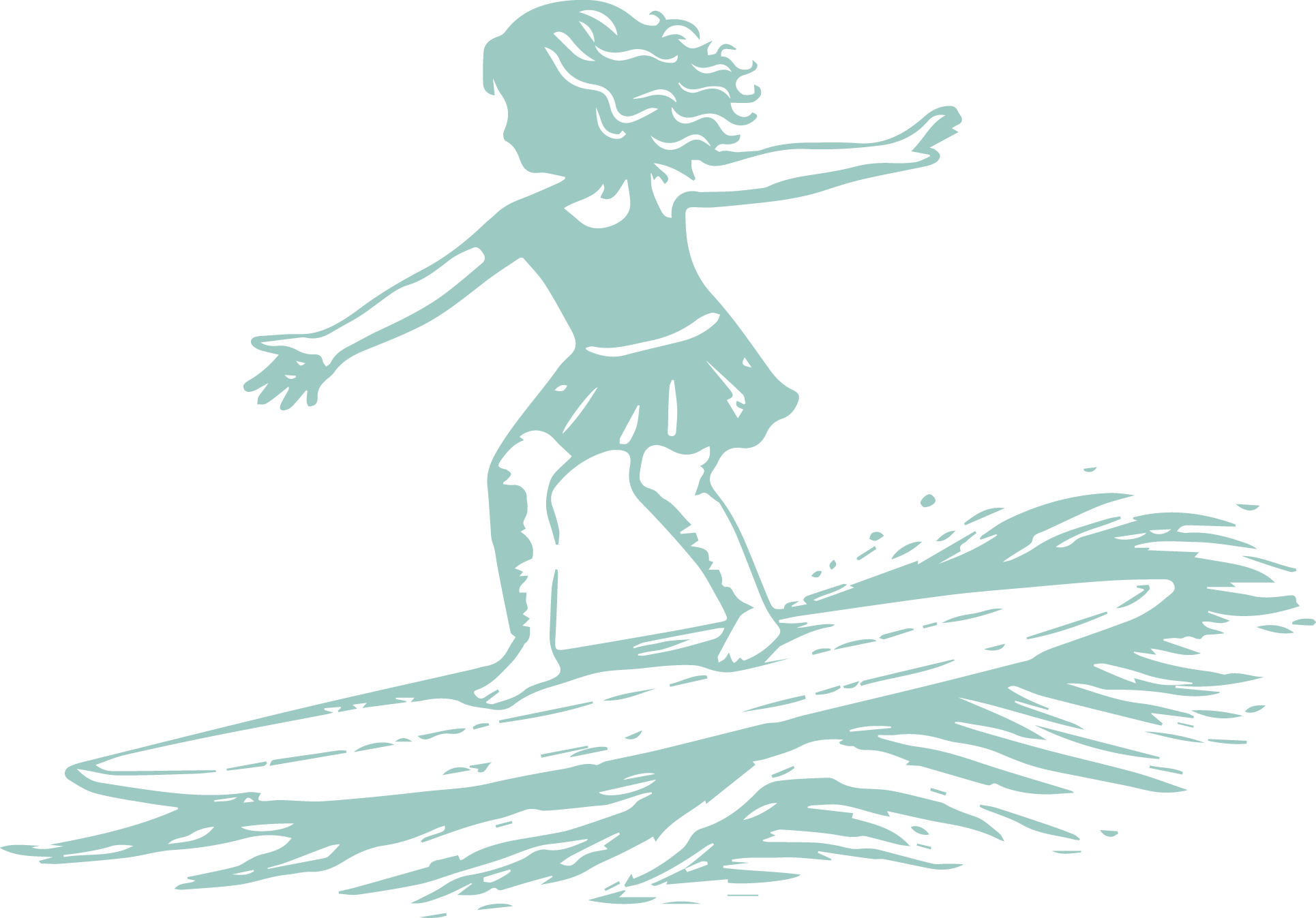 A silhouette of a girl surfing on a wave, with windblown hair and outstretched arms.