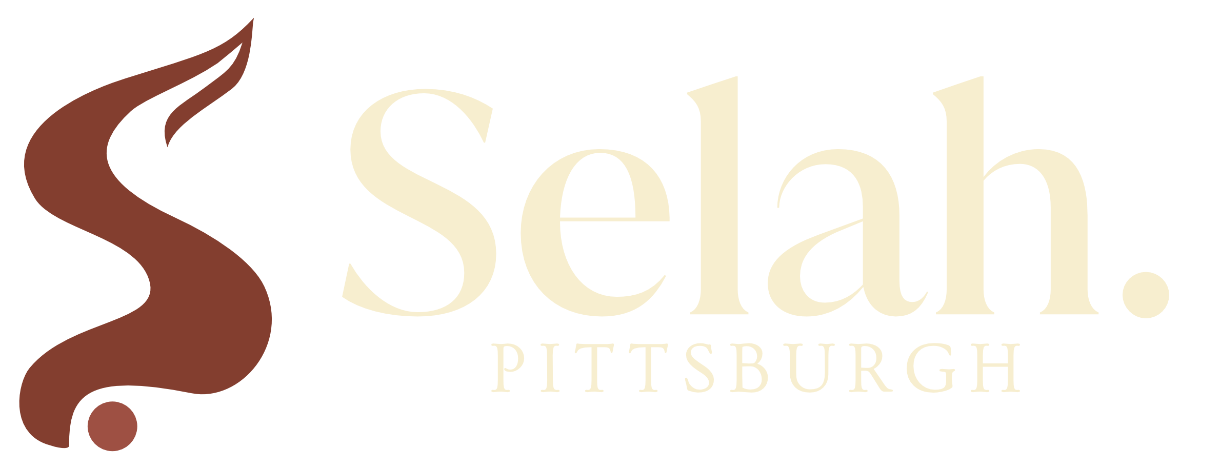 Logo for Selah Pittsburgh featuring a stylized brown flame and the words 'Selah Pittsburgh' in cream-colored text.