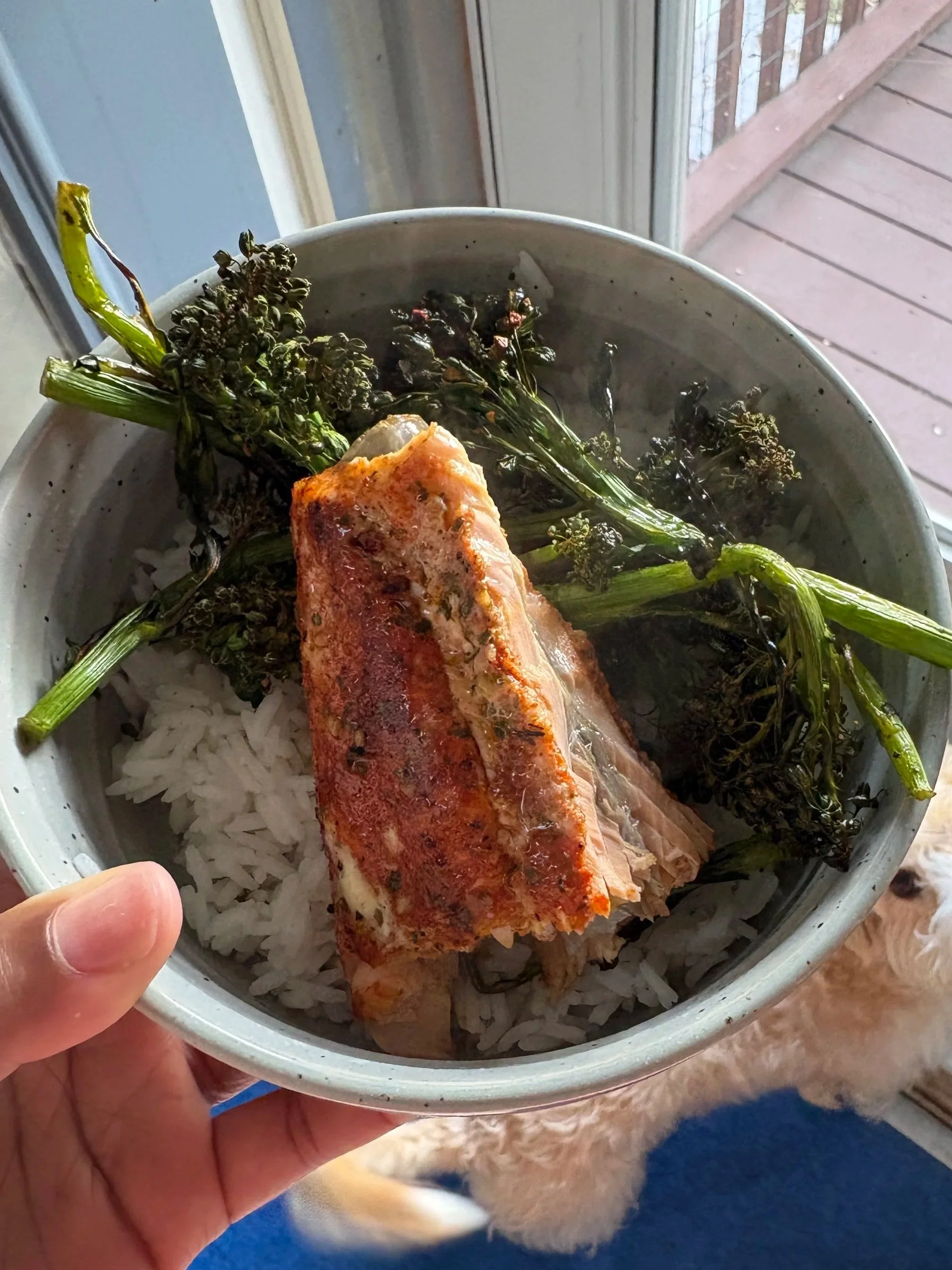 A bowl of white rice with cooked salmon fillet and roasted green broccolini on top.