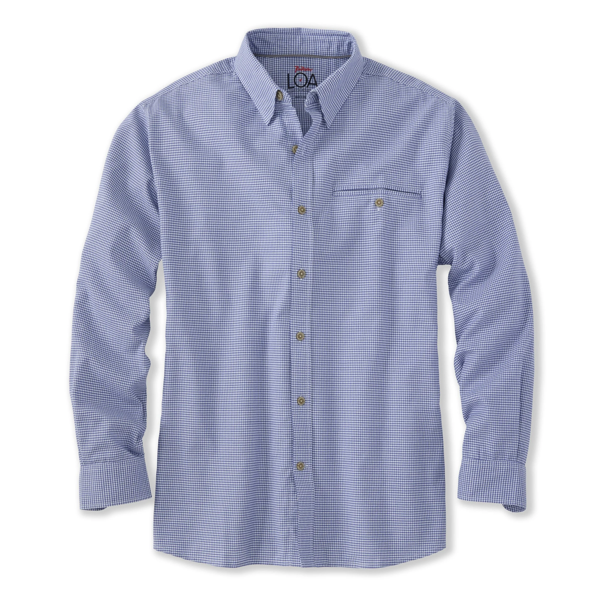 Blue and white small checkered button-up shirt with a collar and front chest pocket.