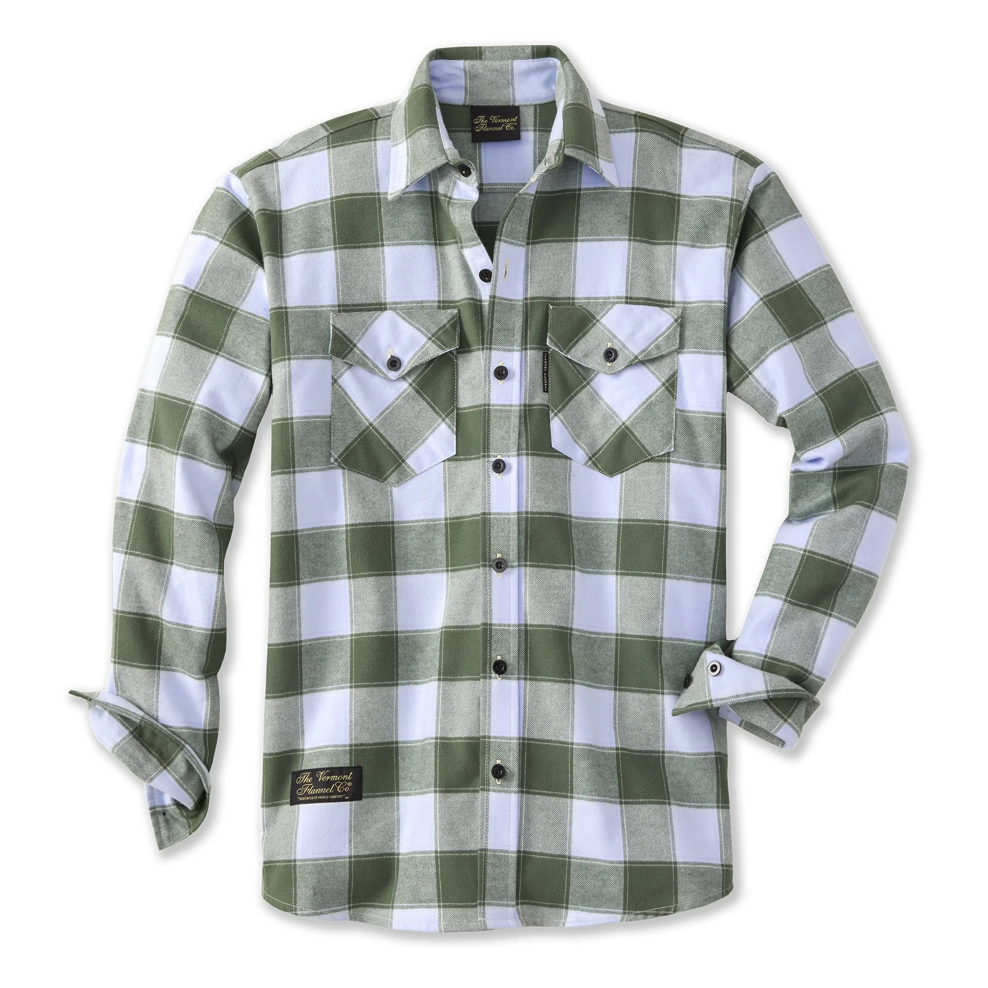 Green and white plaid button-up shirt with two chest pockets and a black label near the bottom.