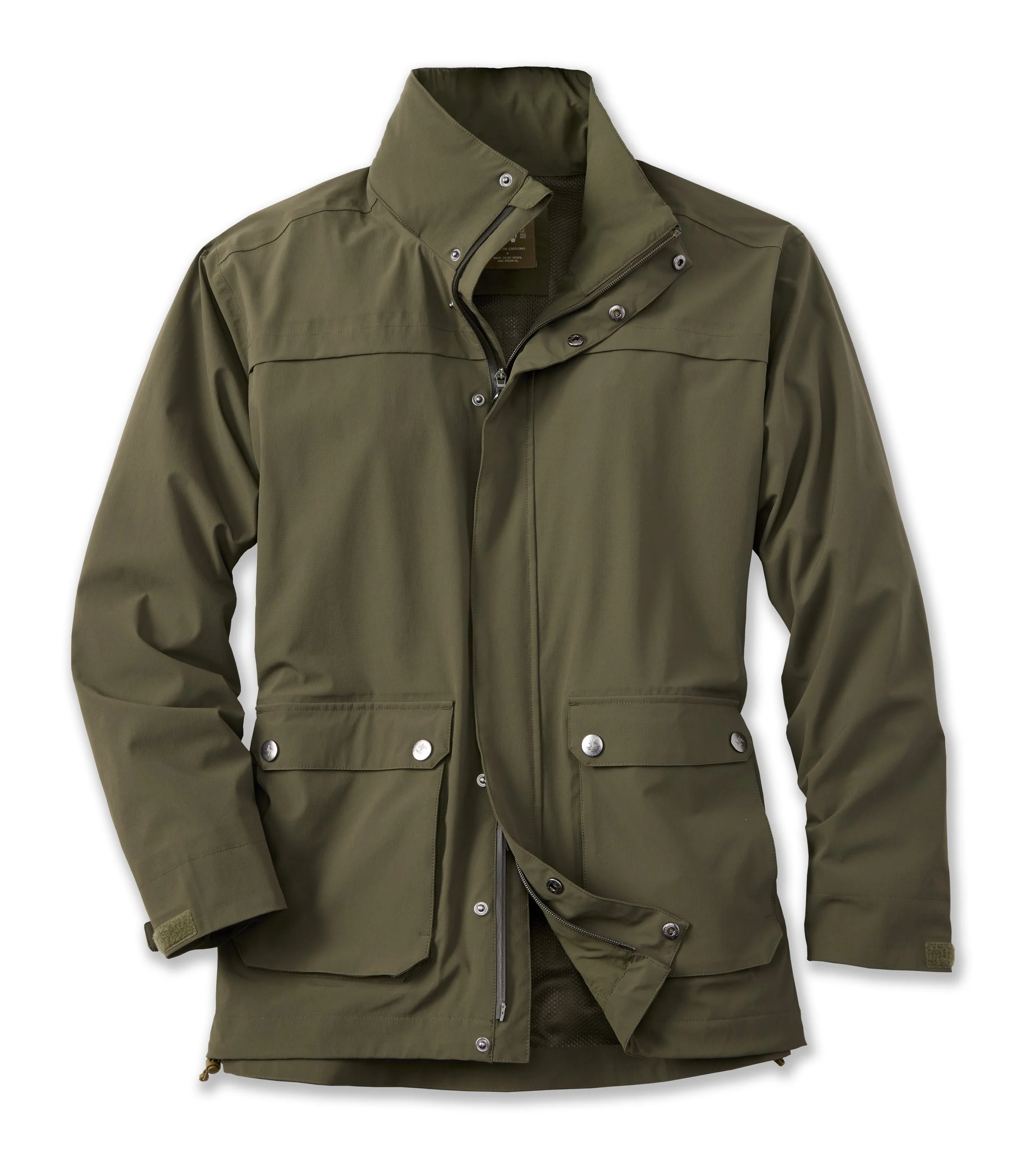 Olive green men's military-style jacket with snap buttons, zipper, and adjustable Velcro cuffs, laid flat on a white surface.