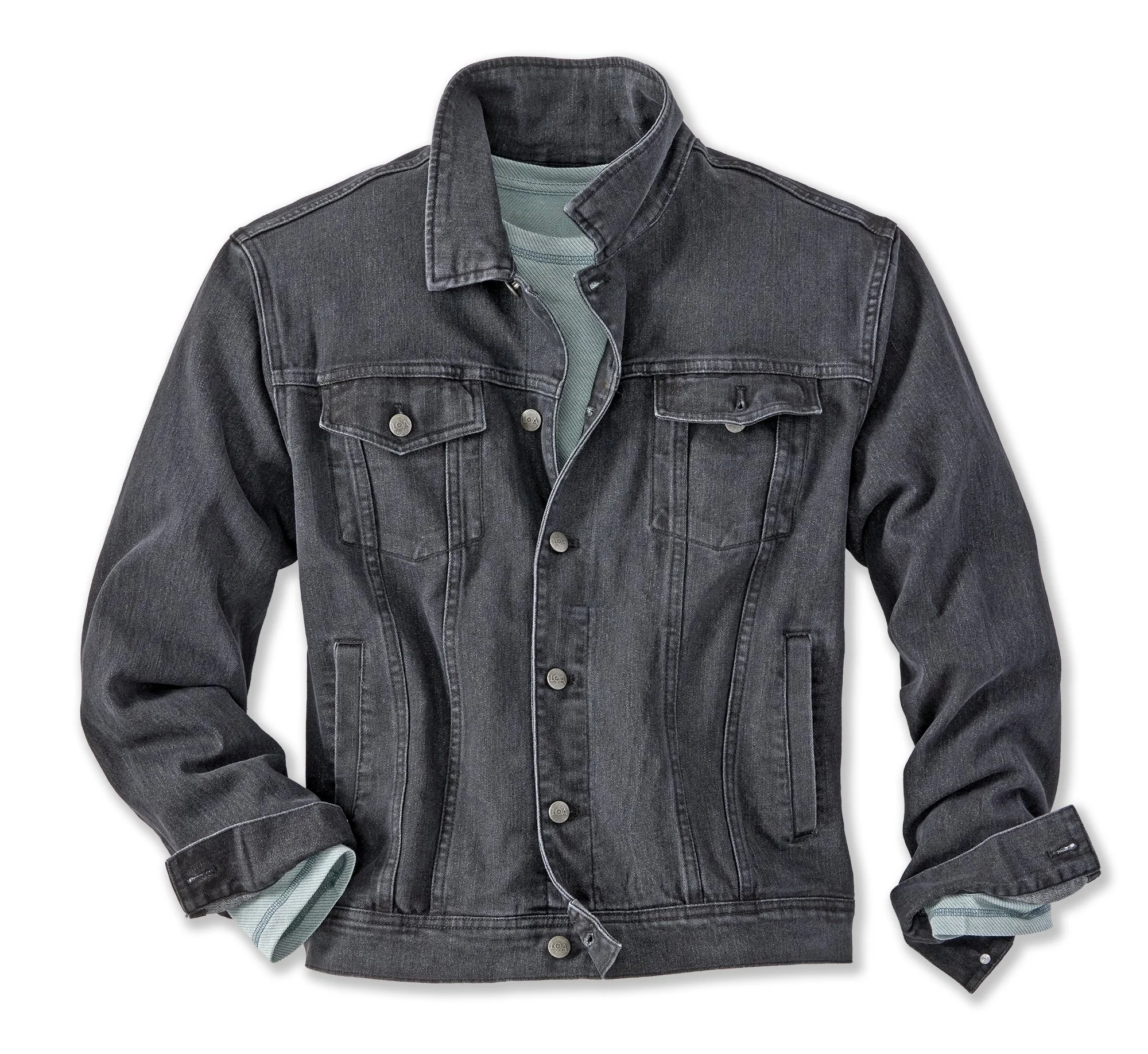 Black denim jacket layered over a green and white striped shirt.