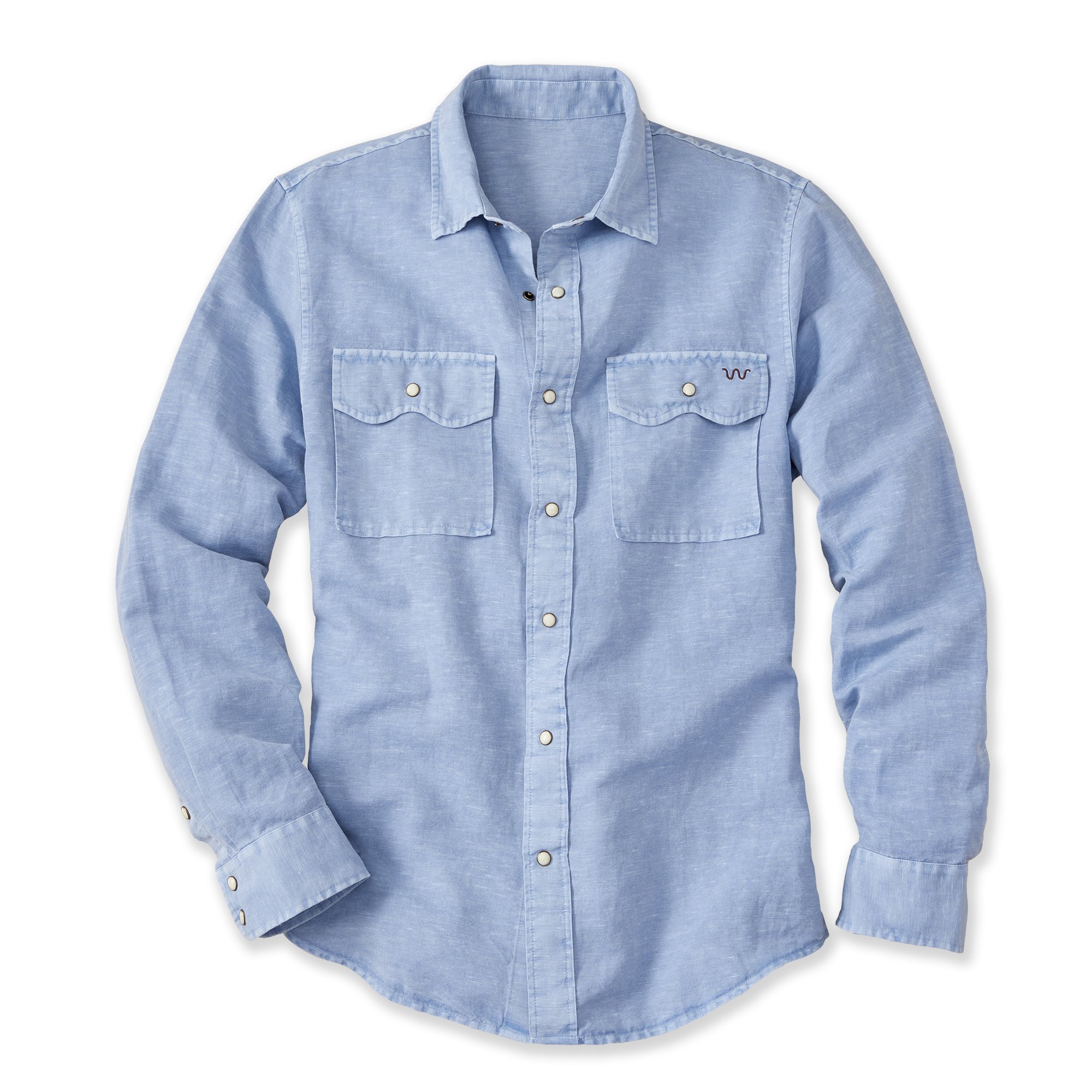A light blue denim button-up shirt with four front pockets and a monogrammed letter W embroidered on the right pocket.