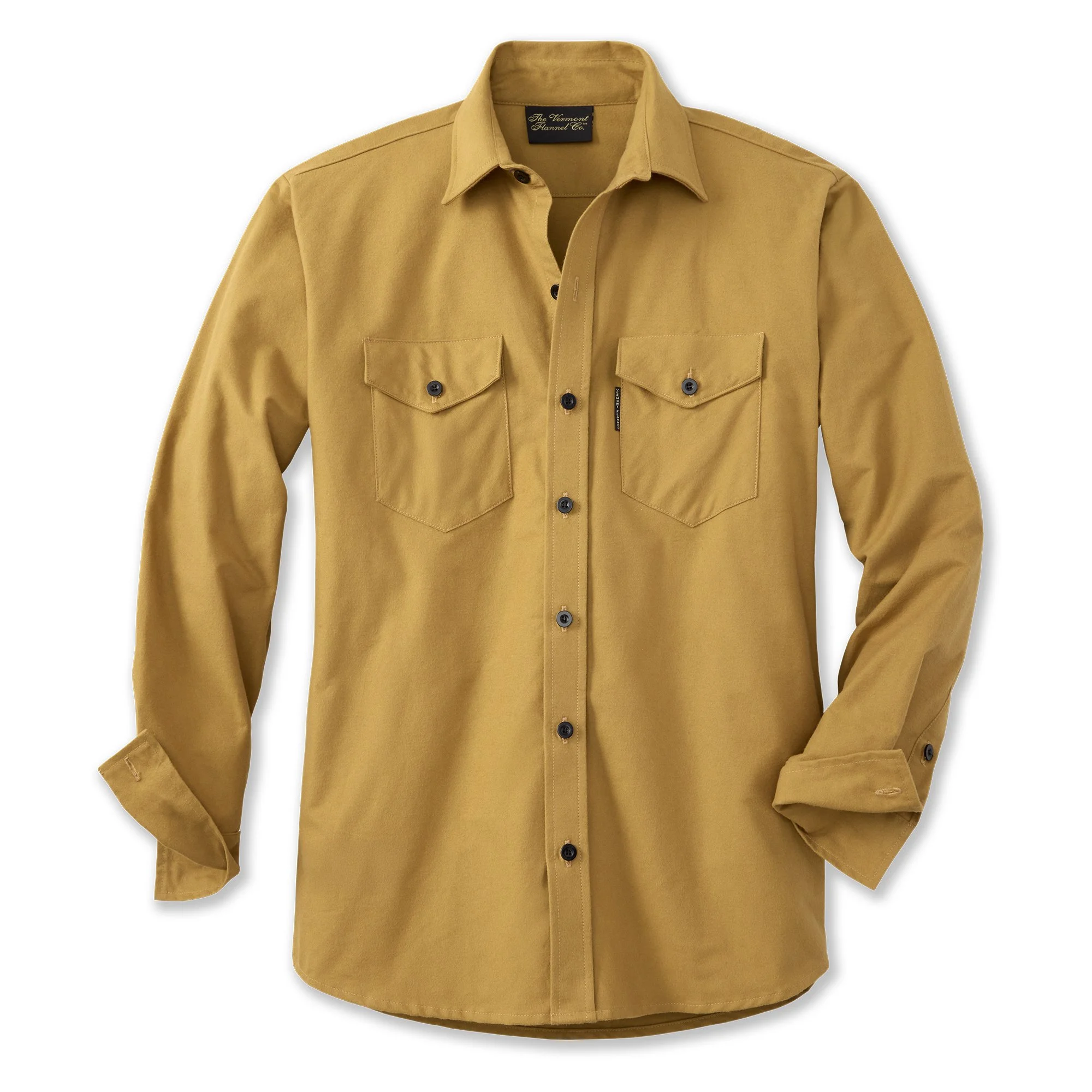 A tan button-up shirt with front pockets and a collar, displayed against a white background.