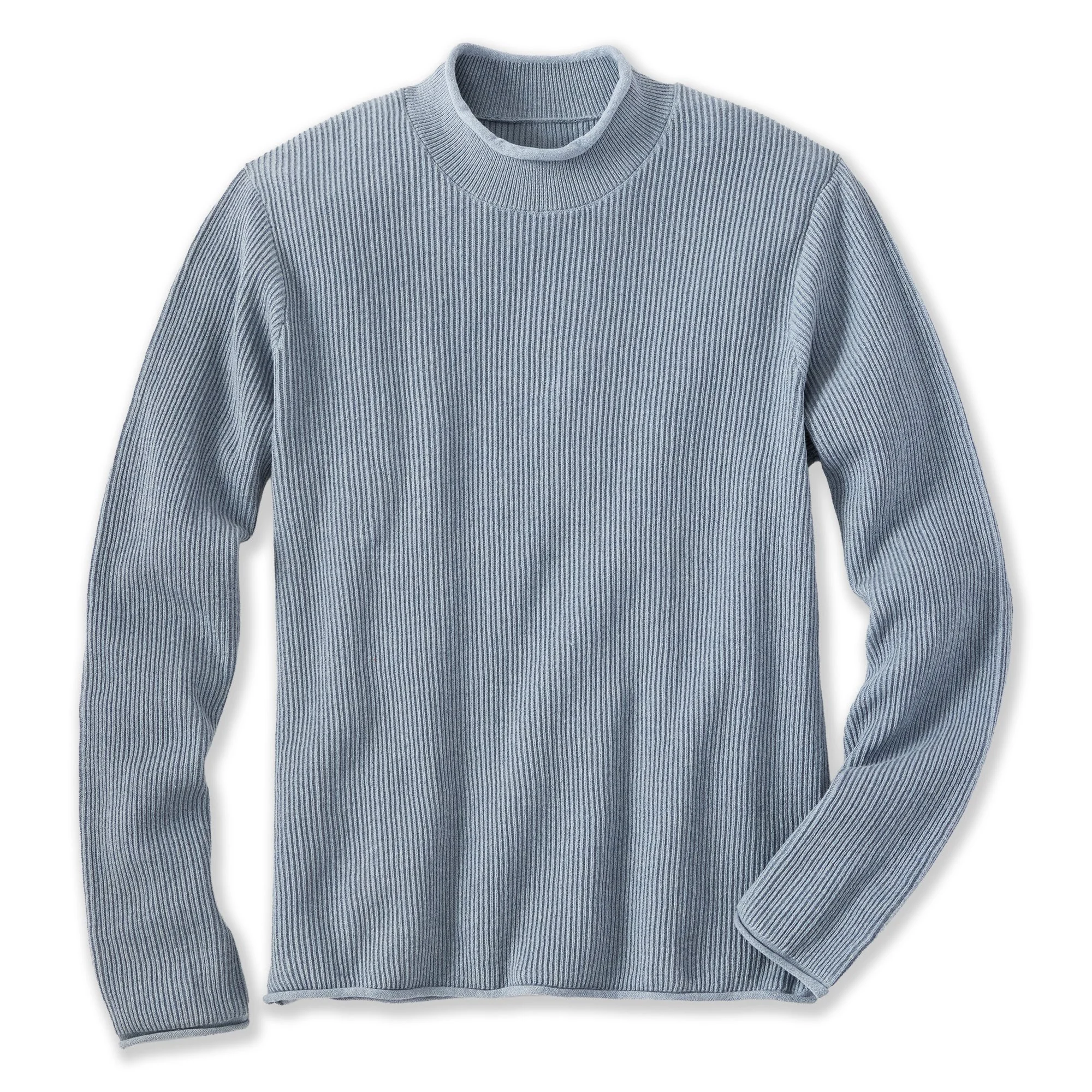 Light blue ribbed crewneck sweater with long sleeves laid flat on a white background.