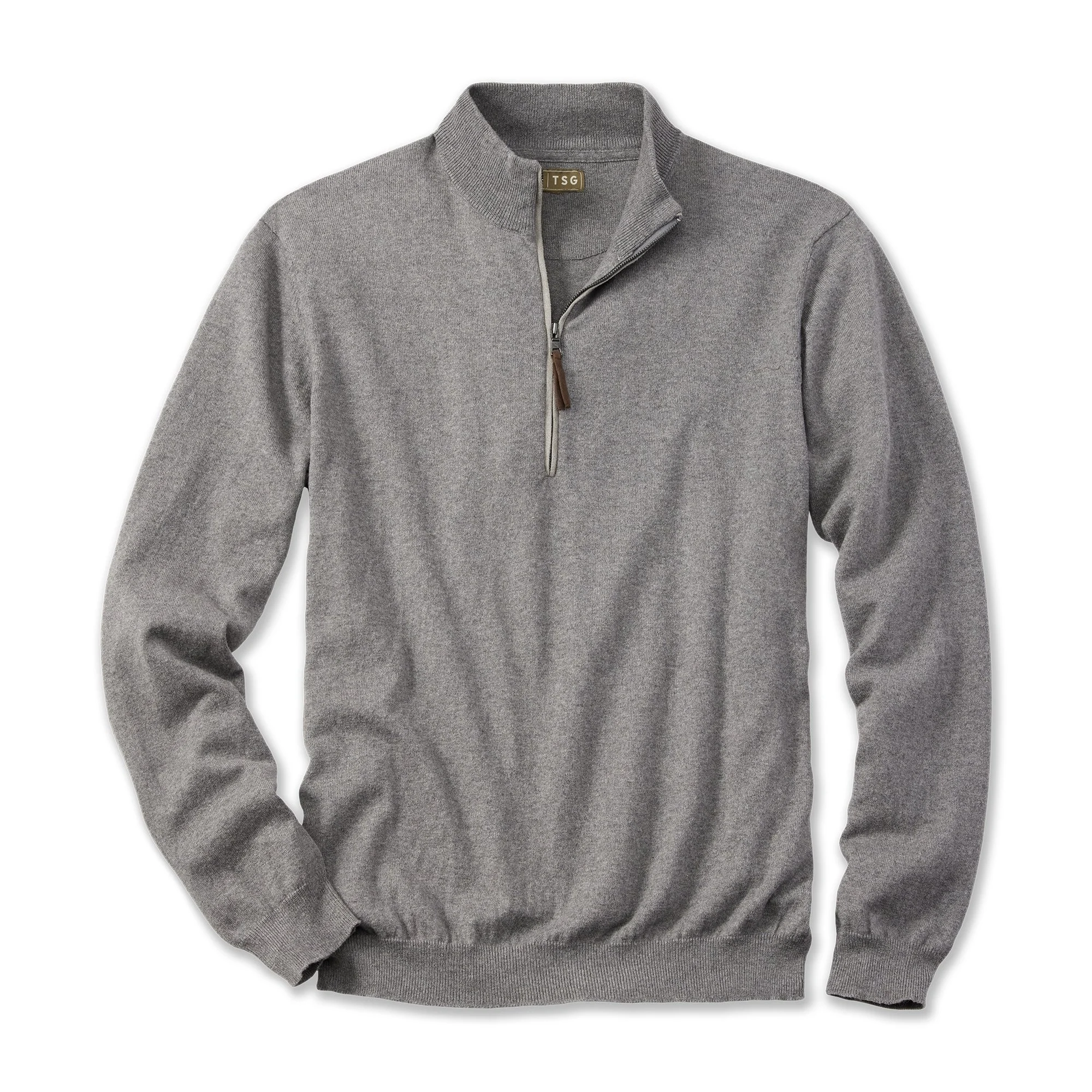 A gray quarter-zip fleece jacket with a zipper pull, laid flat on a white background.