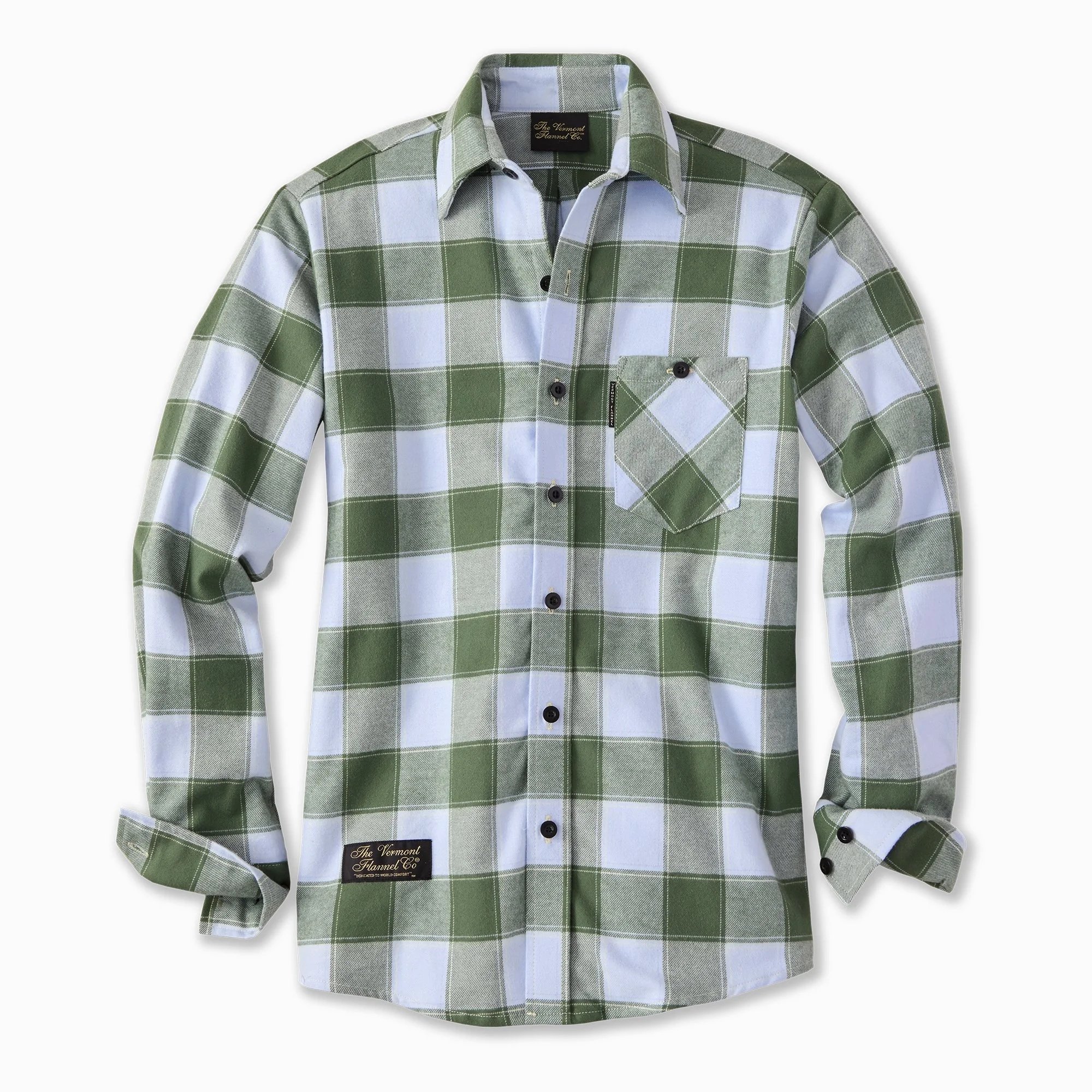 Green and white plaid long-sleeve button-up shirt with a front pocket and black buttons, laid flat against a white background.