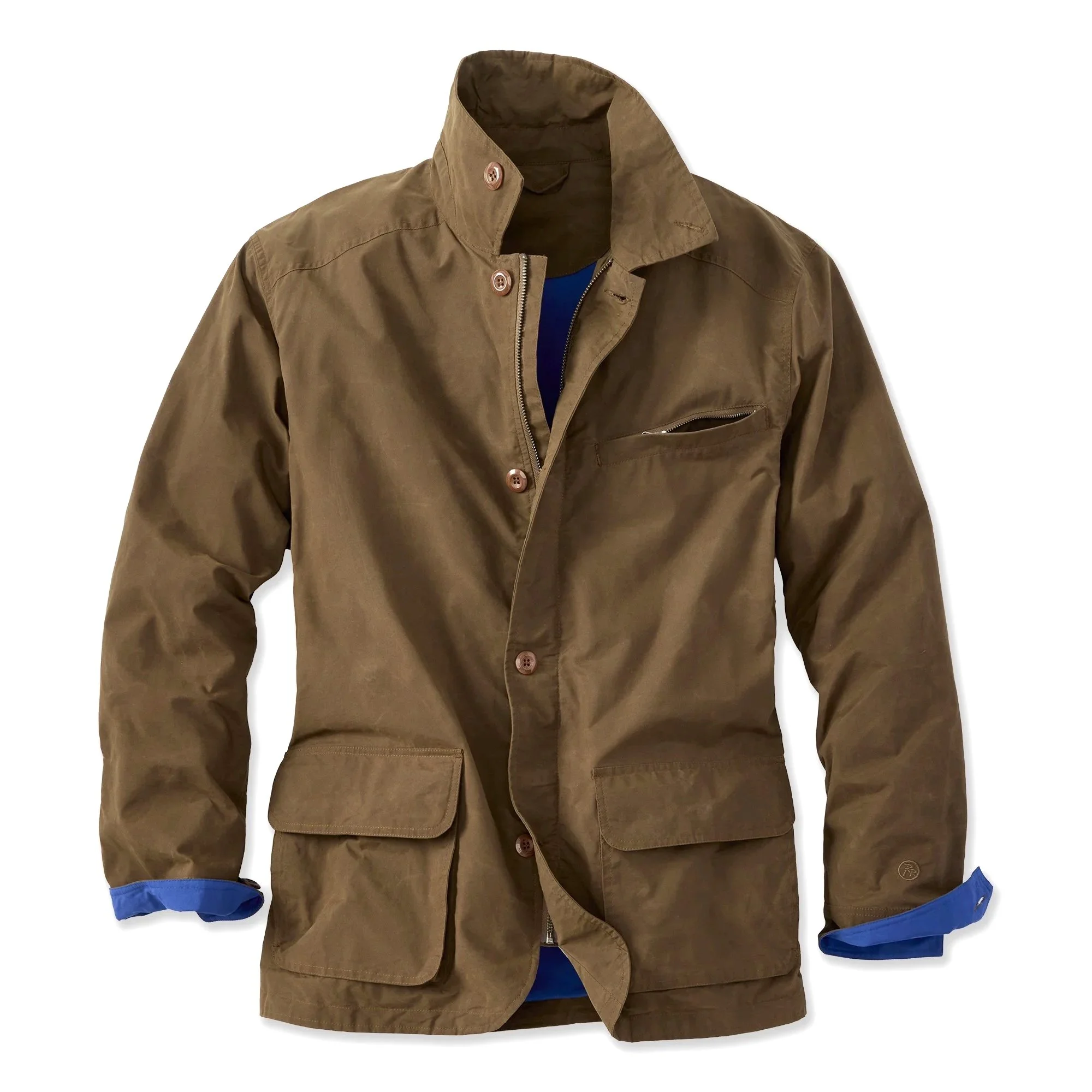 A brown jacket with a high collar, zippered front, and multiple pockets, layered over a blue shirt with blue cuffs.