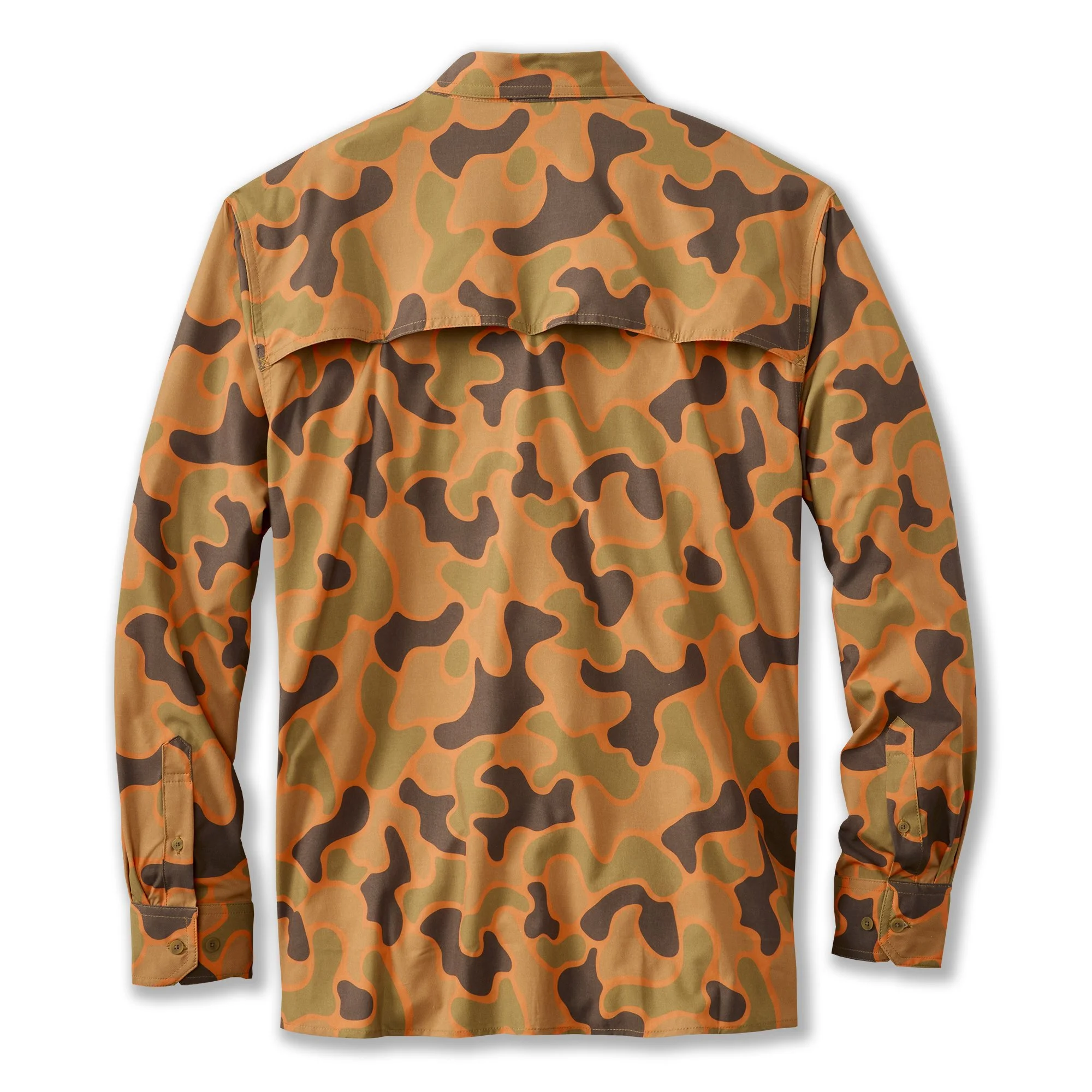 Back view of a long-sleeve button-up shirt with a camouflage pattern in shades of brown, olive green, and orange.