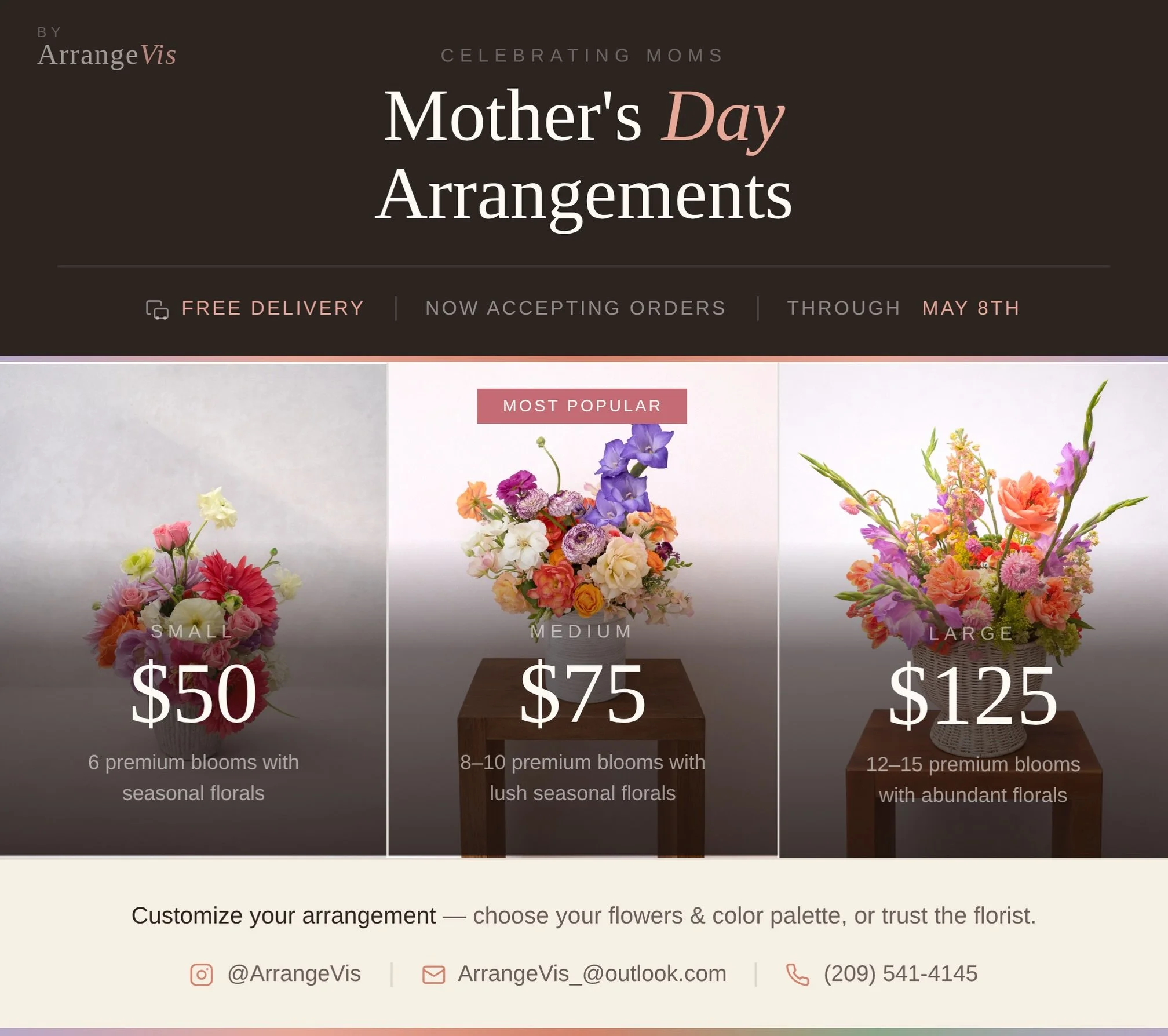 Order before Wednesday!!! Deliveries go out Tuesday through Friday. Unfortunately no deliveries sat/sun but porch pick up is always welcome! 
Remember medium and large arrangements have premium flowers (roses, Dalia&rsquo;s, peonies, renuculus etc).
