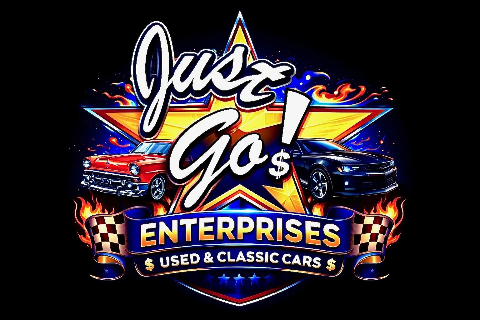 Bright neon-style logo with classic and used cars, stars, and checkered flags, advertising a business selling used and classic cars with highlighted low prices.
