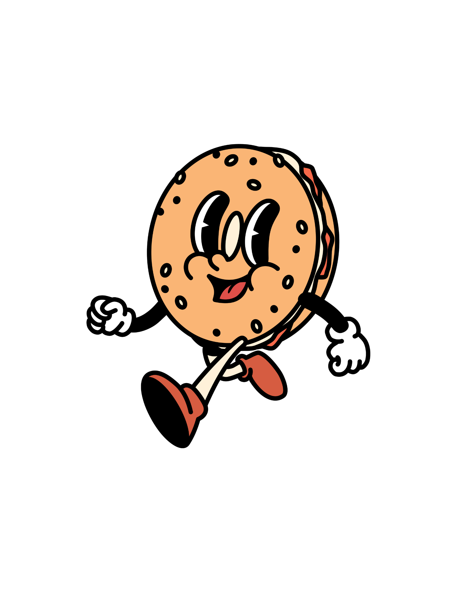 Animated cartoon of a cheerful running cookie with a smile, arms, and legs.