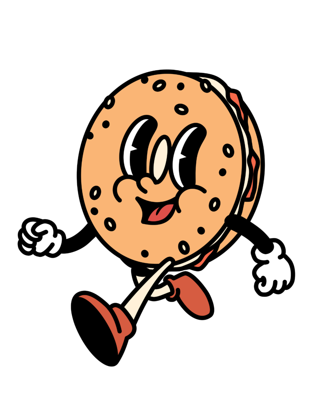 Cartoon cookie with a smiling face, eyes closed, tongue out, and arms raised in excitement, wearing a red shirt.