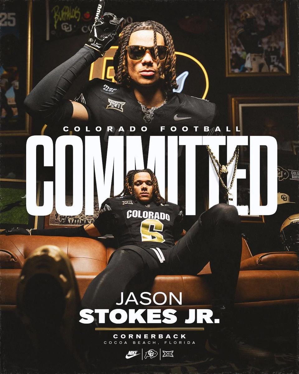 Poster announcing Jason Stokes Jr. committing to Colorado Football as a cornerback, featuring two players in Colorado jerseys, with a dark background decorated with photos and memorabilia.