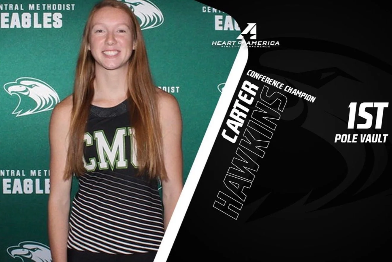 A young woman with long red hair smiling, wearing a black and white striped athletic top, standing in front of a green background with logos of Central Methodist Eagles. Text on the right indicates she is a conference champion in the pole vault, finishing first.