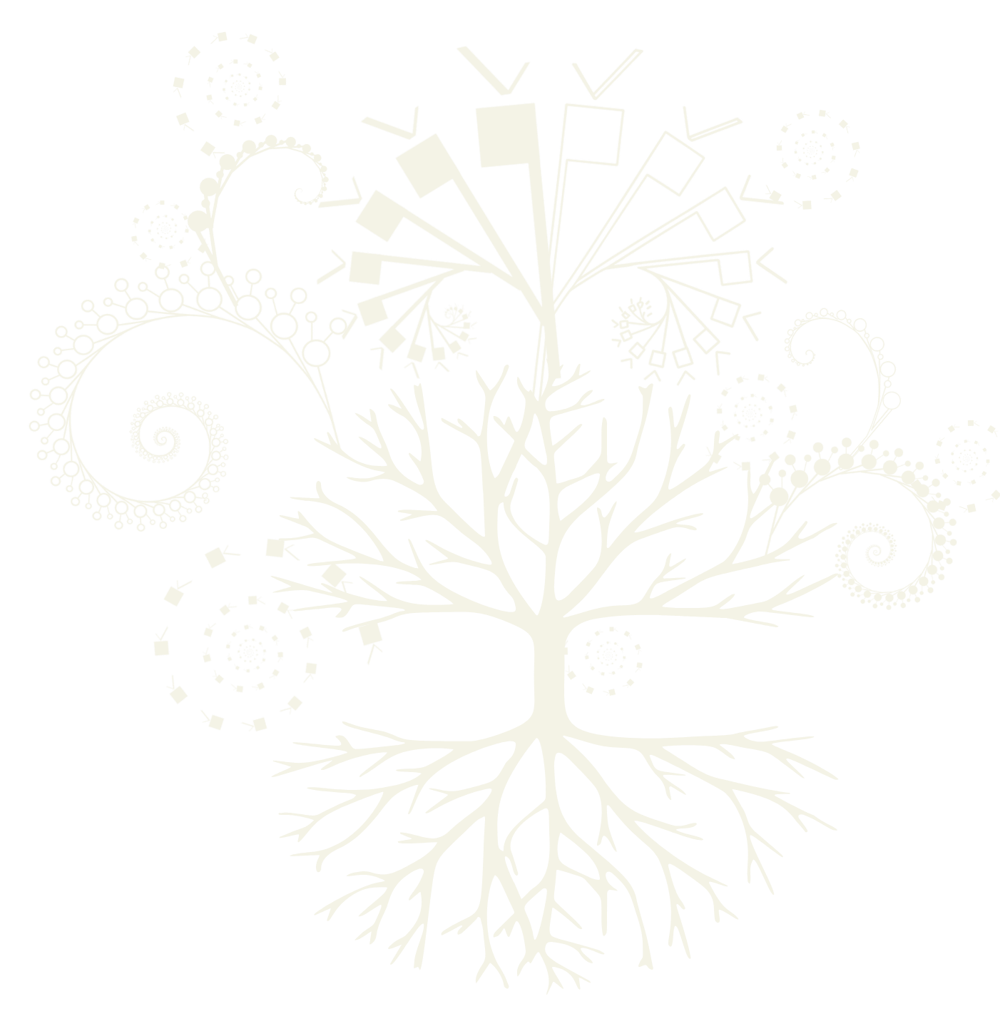 Black background and white abstract tree with geometric and spiral patterns.