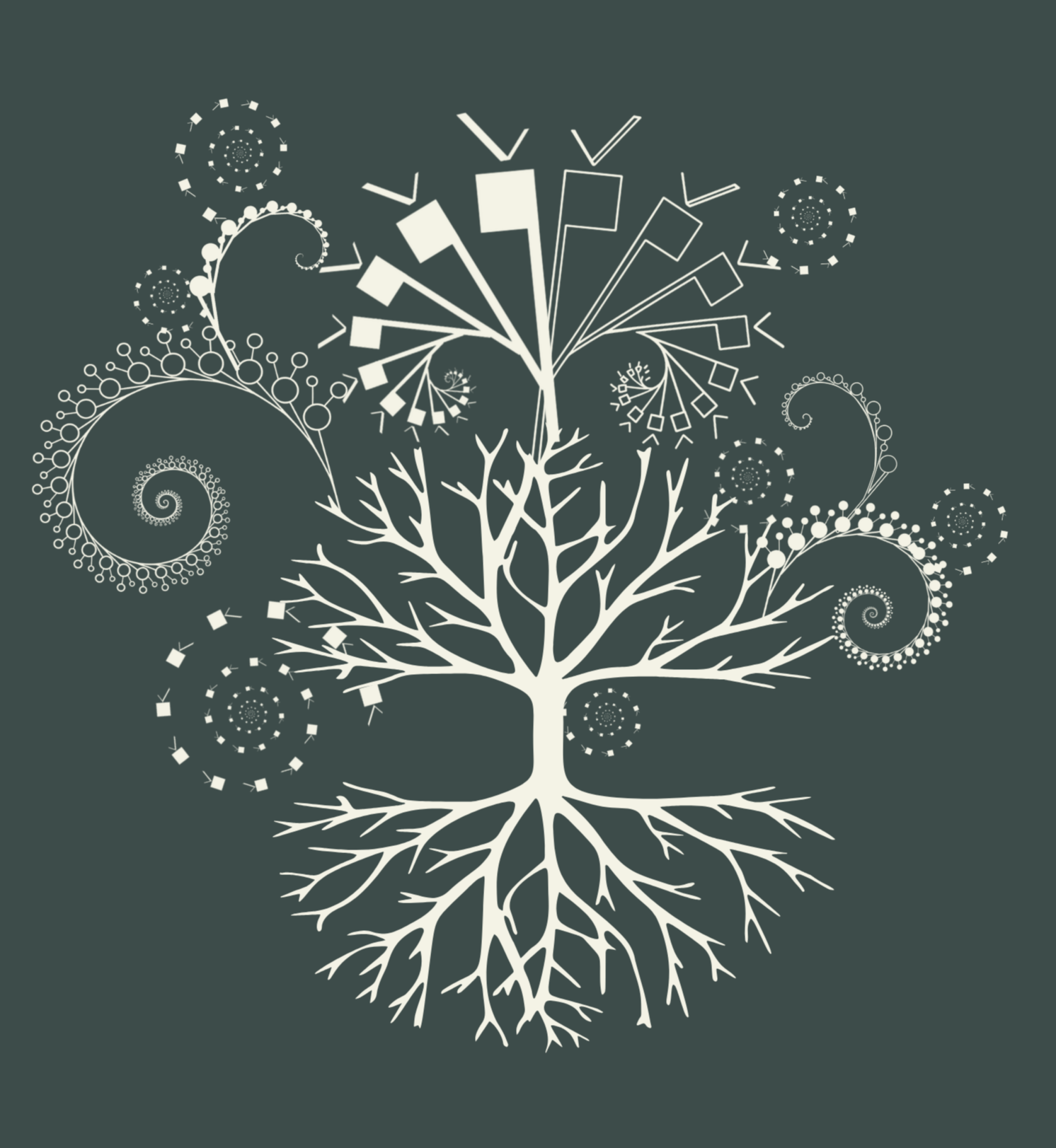A stylized white tree with branching roots and twigs on a dark background. The tree's branches resemble geometric shapes, and decorative circular patterns are scattered around.