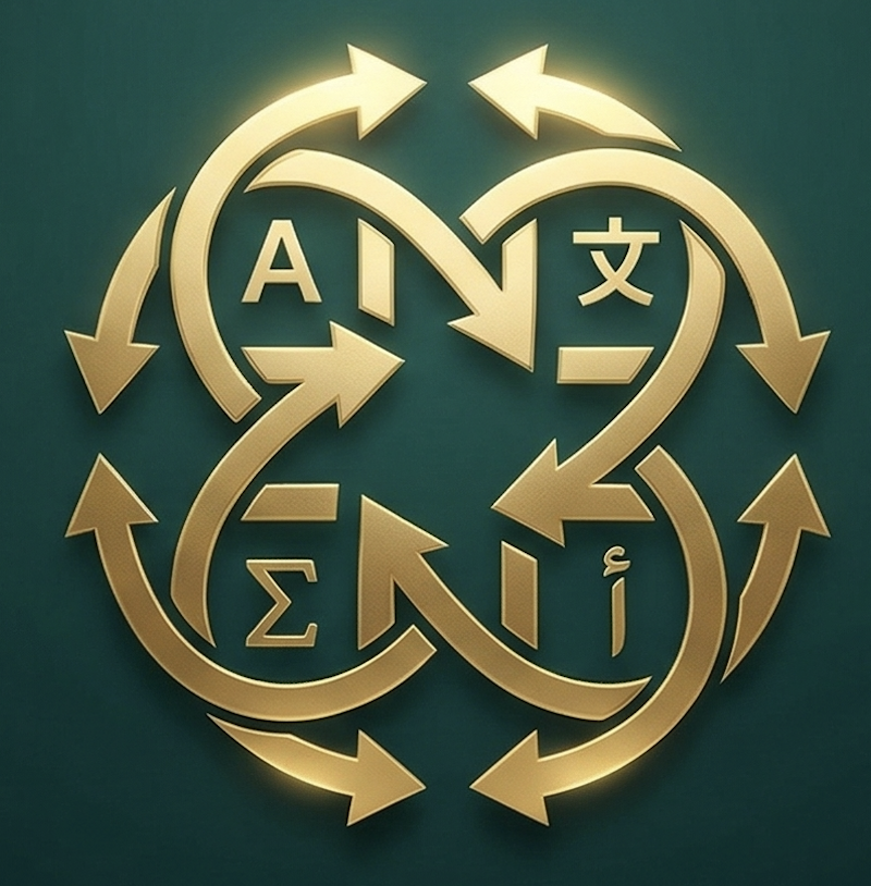 Gold symbols and arrows representing different language characters and mathematical symbols interconnected in a circular pattern on a dark green background.
