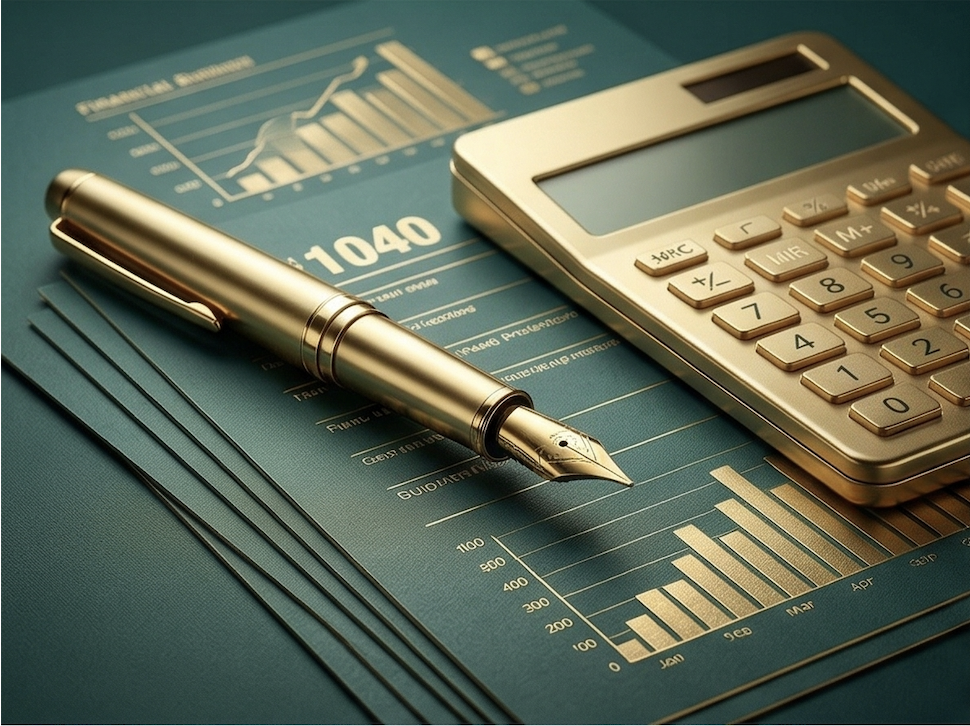 Gold pen, calculator, and financial documents with charts and graphs on a teal background.