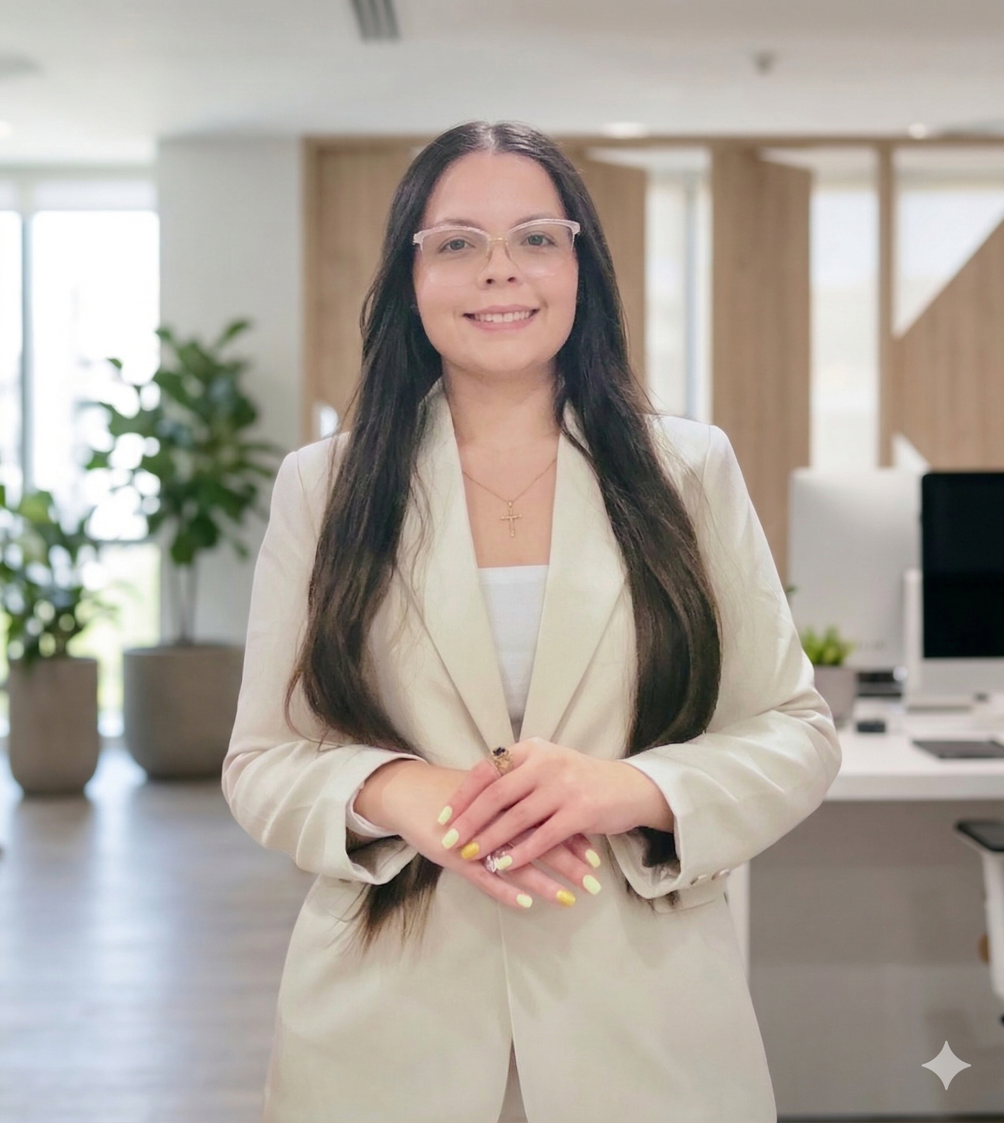 A woman with long dark hair, wearing glasses and a white blazer, standing in a modern office space with a smile.