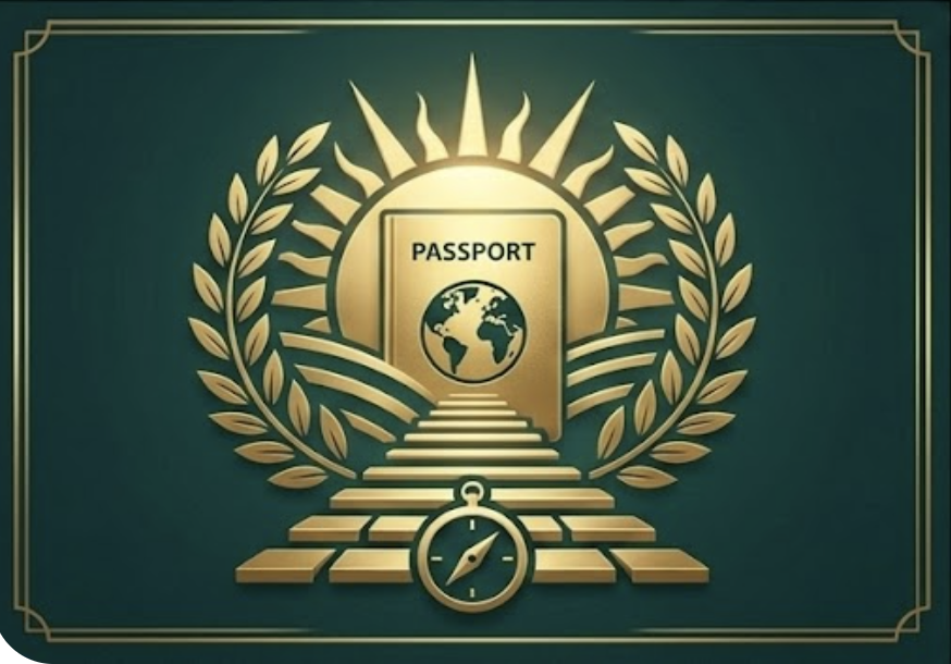 A stylized graphic of a gold passport with a globe on it, framed by laurel branches, set against a green background with a staircase and a compass at the bottom.