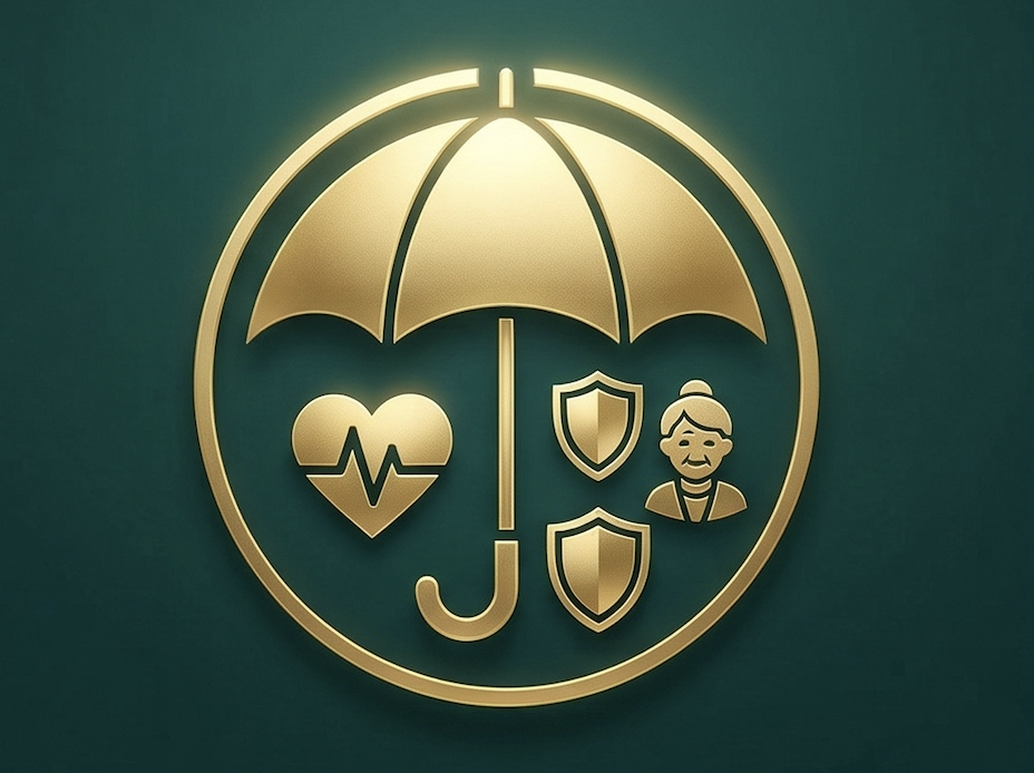 Gold emblem featuring an umbrella at the top, a heart with a heartbeat line, a letter J, two shields, and a smiling elderly woman, set against a green background.