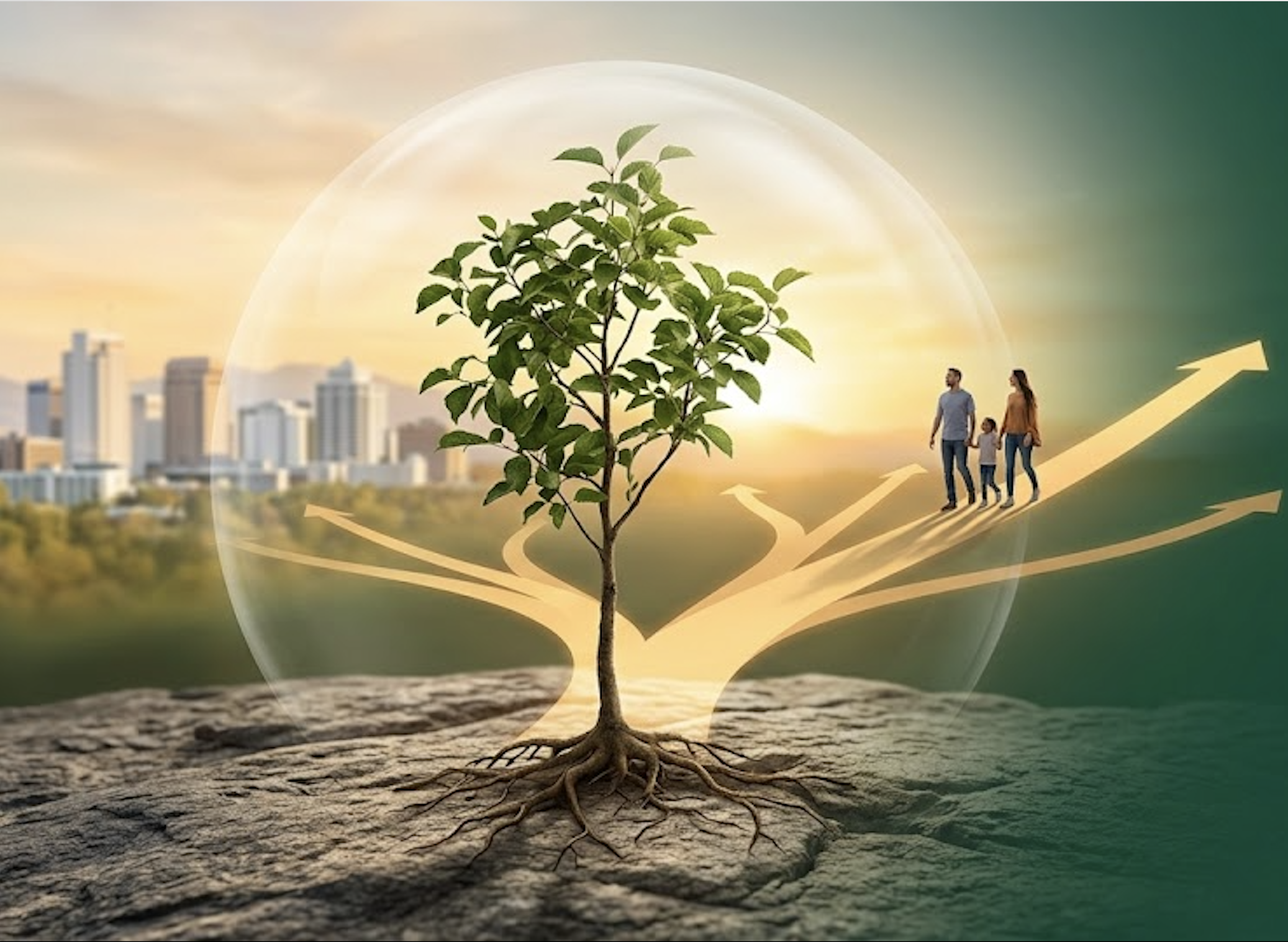 A small tree with roots growing in the ground, overlaid with a transparent globe. Illustrations of people and upward arrows originate from the tree, symbolizing growth and sustainable development, with a city skyline in the background.