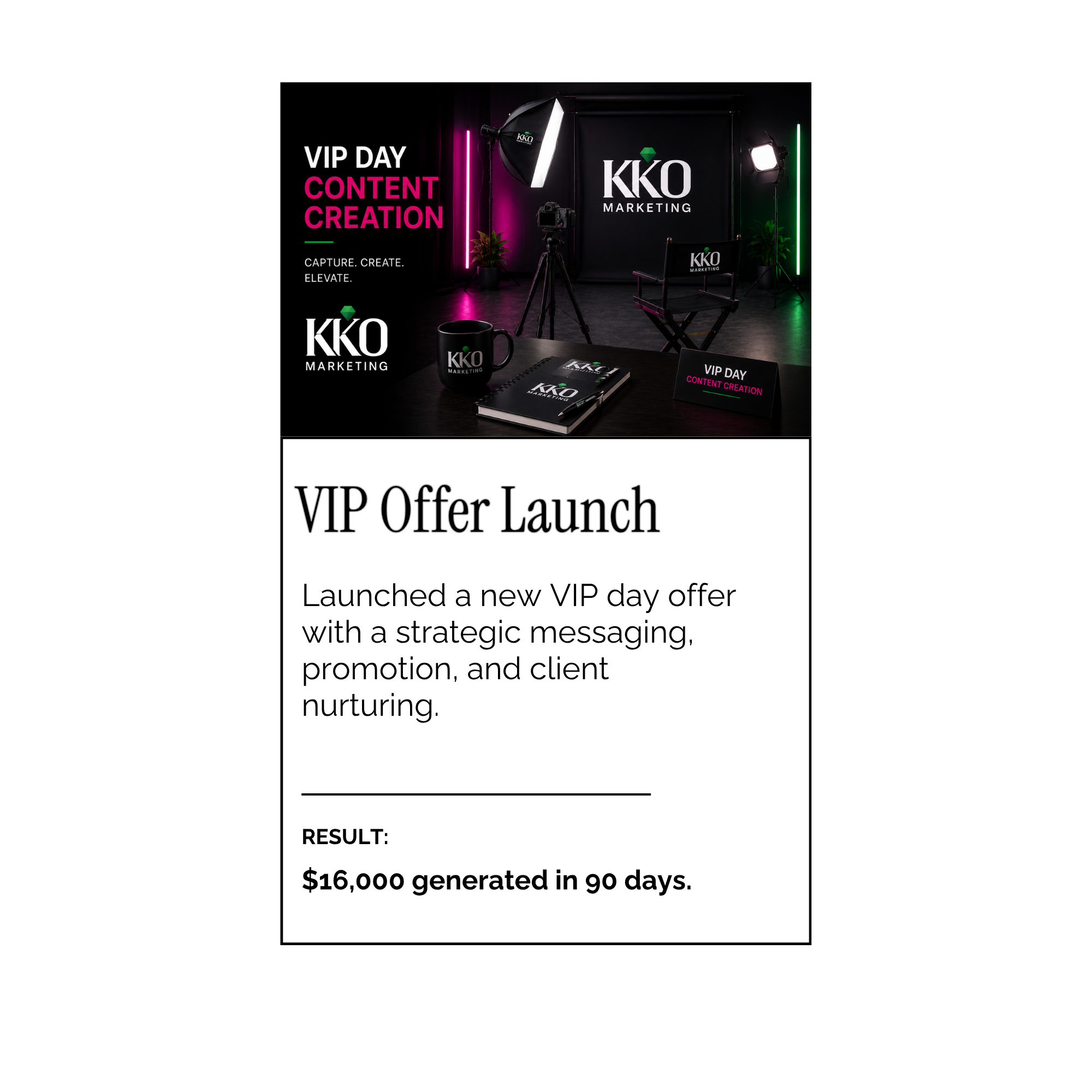 A photography studio setup with a backdrop featuring the logo 'KKO Marketing'. The scene includes professional lighting equipment, a camera on a tripod, a black folding chair with the same logo, and branded merchandise such as mugs, notebooks, and pens. The text 'VIP DAY CONTENT CREATION' and 'CAPTURE. CREATE. ELEVATE.' is displayed on the backdrop.