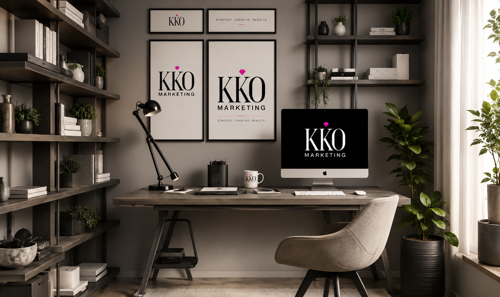 Modern home office with a wooden desk, beige chair, black shelving units with books and plants, framed posters reading "KKO Marketing" and slogan, computer monitor displaying "KKO Marketing," desk lamp, coffee mug, and potted plants near a window with curtains.