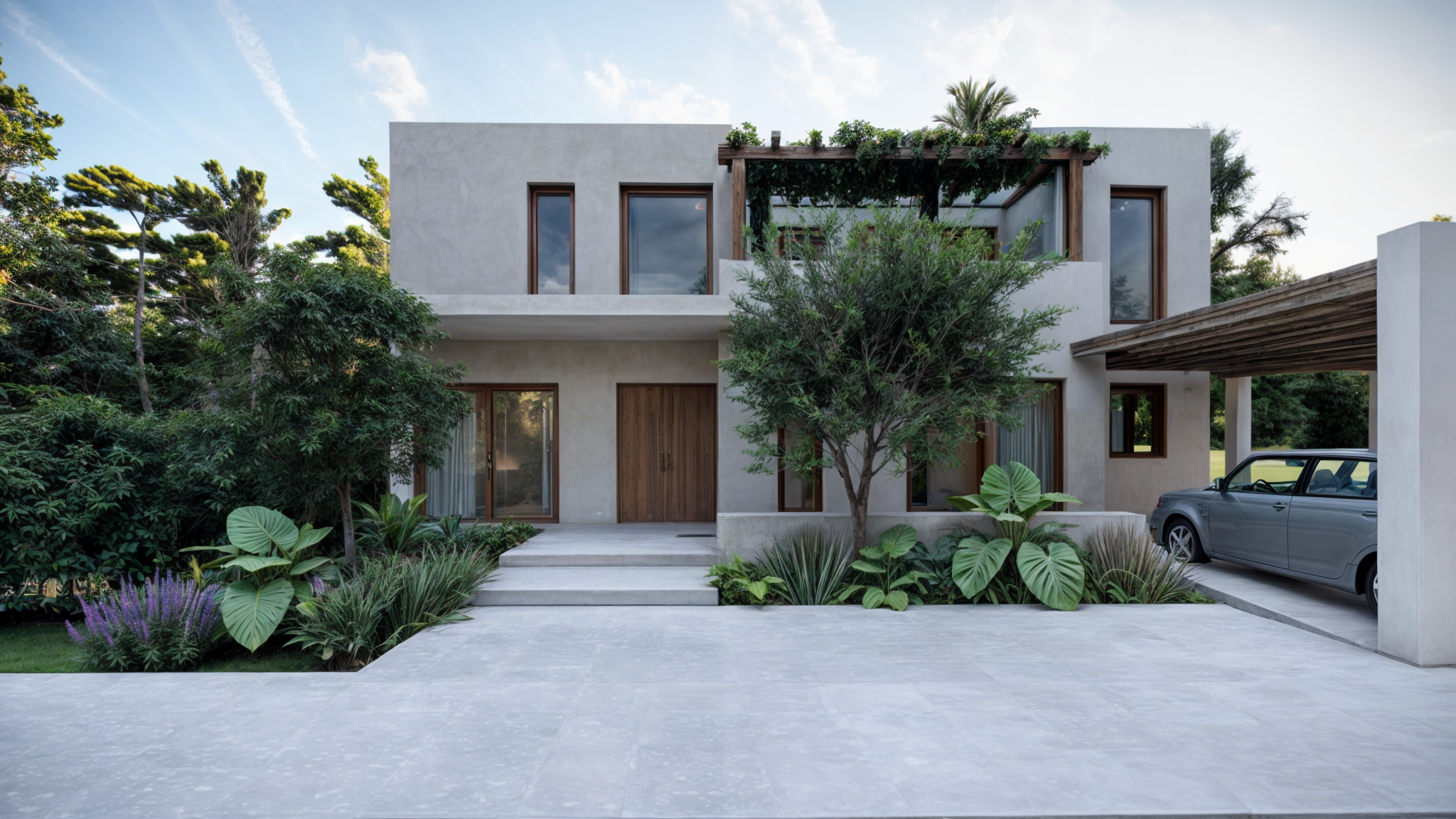 Casa moderna de dos pisos con fachada de concreto, ventanas de madera y un jardín con plantas verdes y arbustos frente a la entrada.