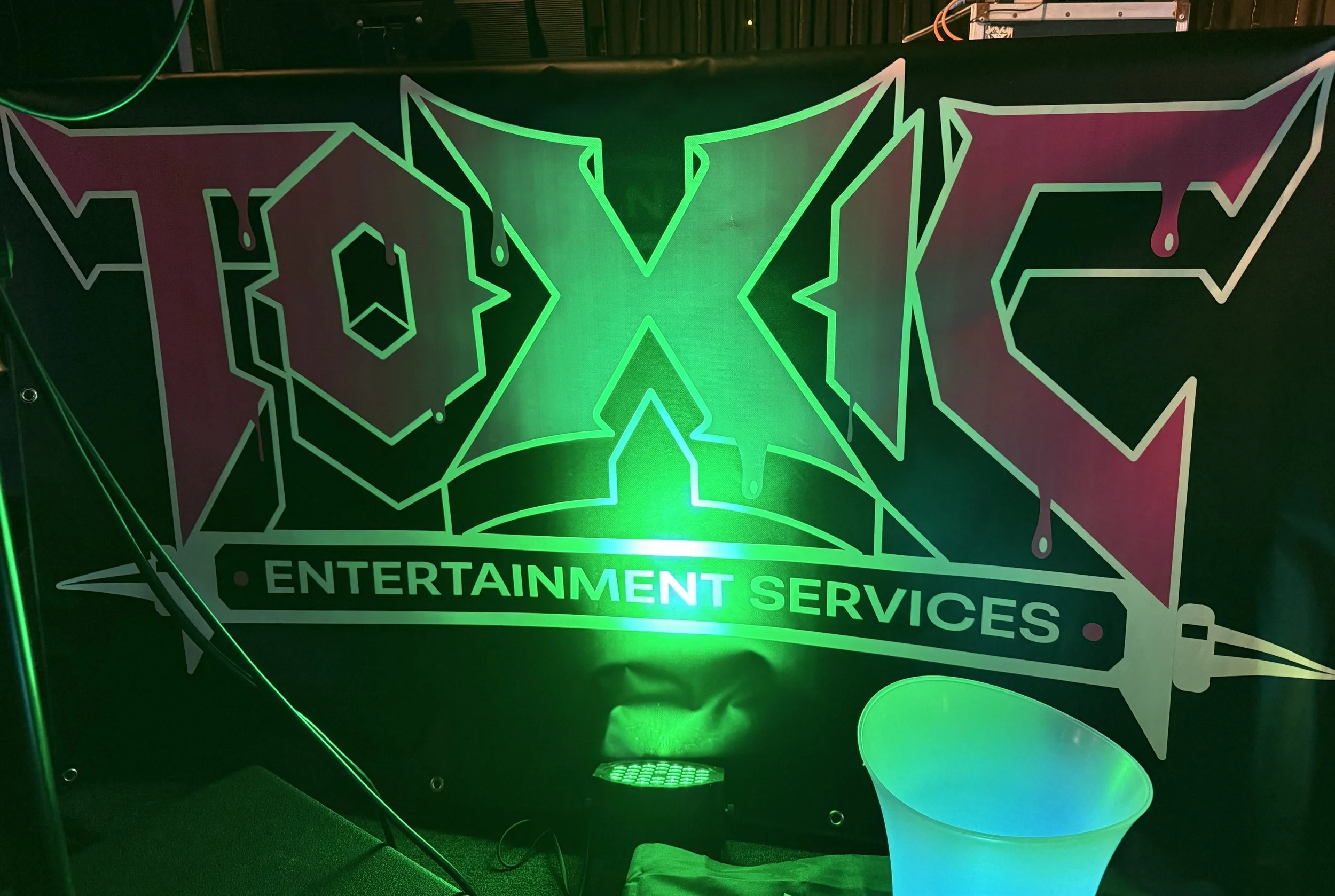 Neon sign with stylized green and purple graffiti-style text reading 'ENTERTAINMENT SERVICES' with abstract shapes and dark background.