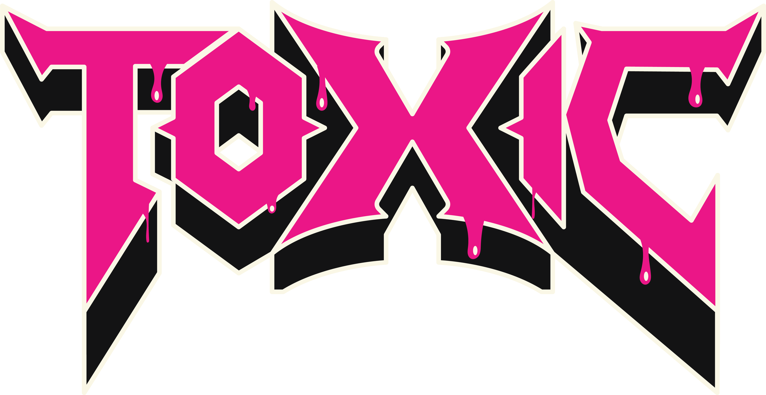 The word 'TOXIC' written in bold, graffiti-style letters with pink and black colors, some pink drips from the letters.