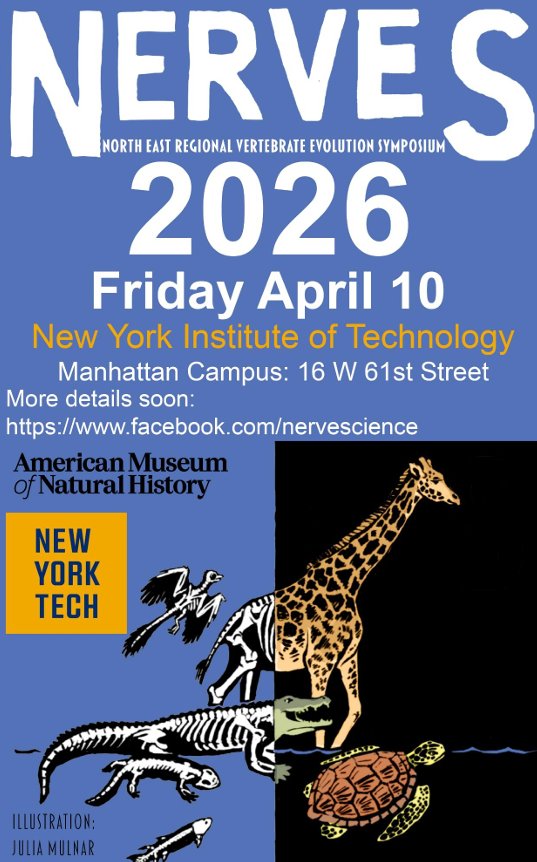 Poster for the Nerves 2026 symposium at the New York Institute of Technology, on April 10. Features illustrations of various animals including a giraffe, a turtle, a crocodile, a fish, and a bird, along with text about the event at the American Museum of Natural History.