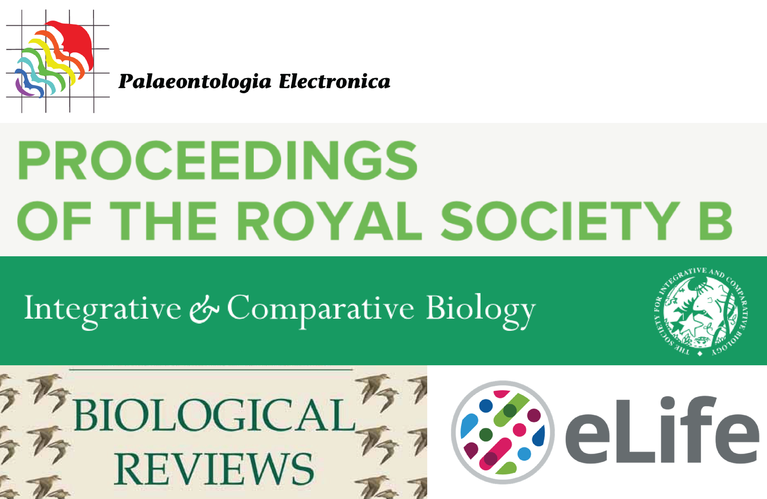 Collage of Academic journal logos including, Proceedings of the Royal Society B, eLife, Biological Reviews, Palaeontologica Electronica, and Integrative & Comparative Biology